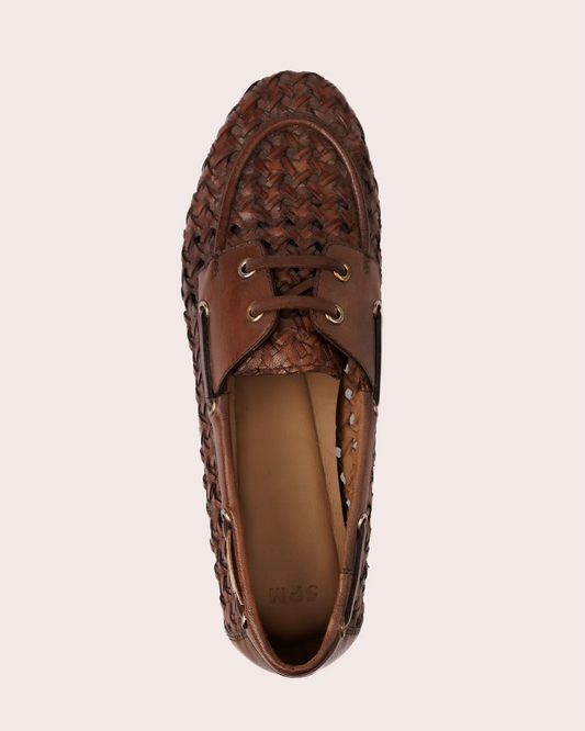 woven cognac leather boot shoe top view