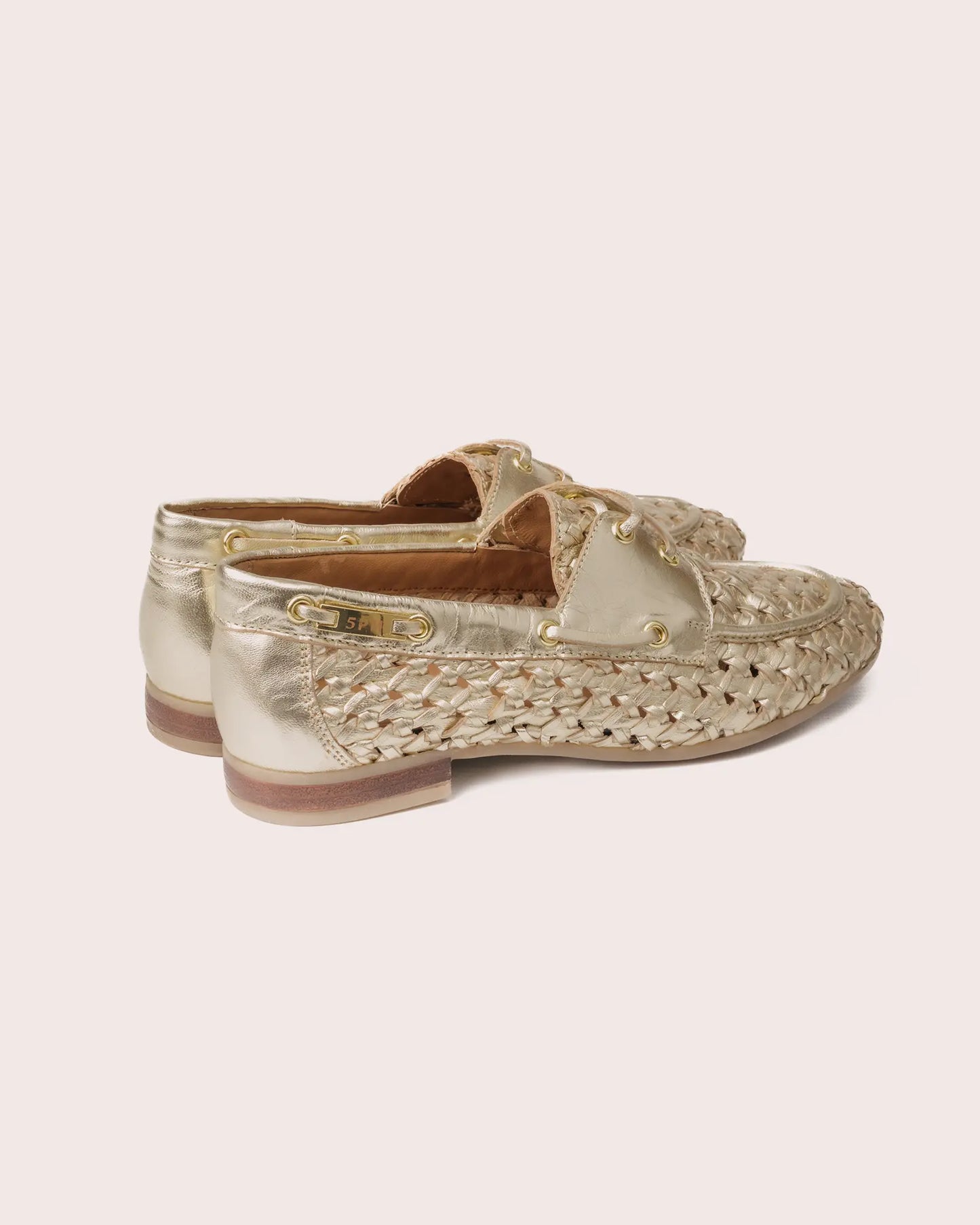 Gold woven leather boot shoe rear side view