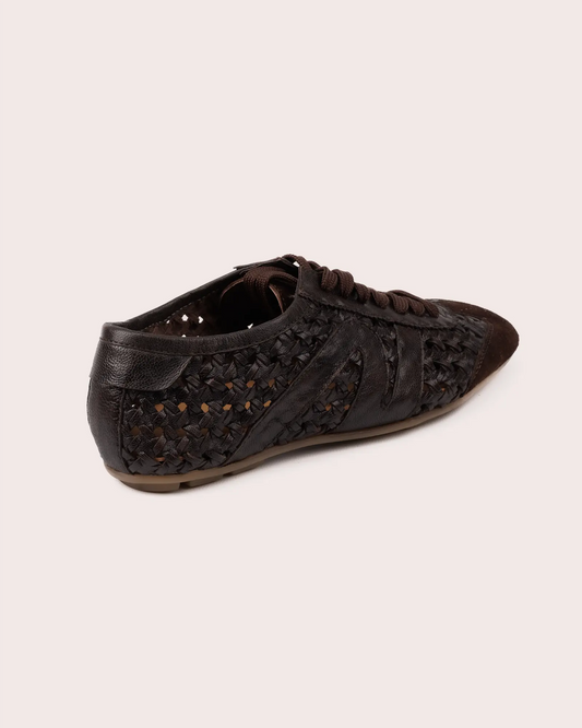 Dark brown woven leather sneaker side view