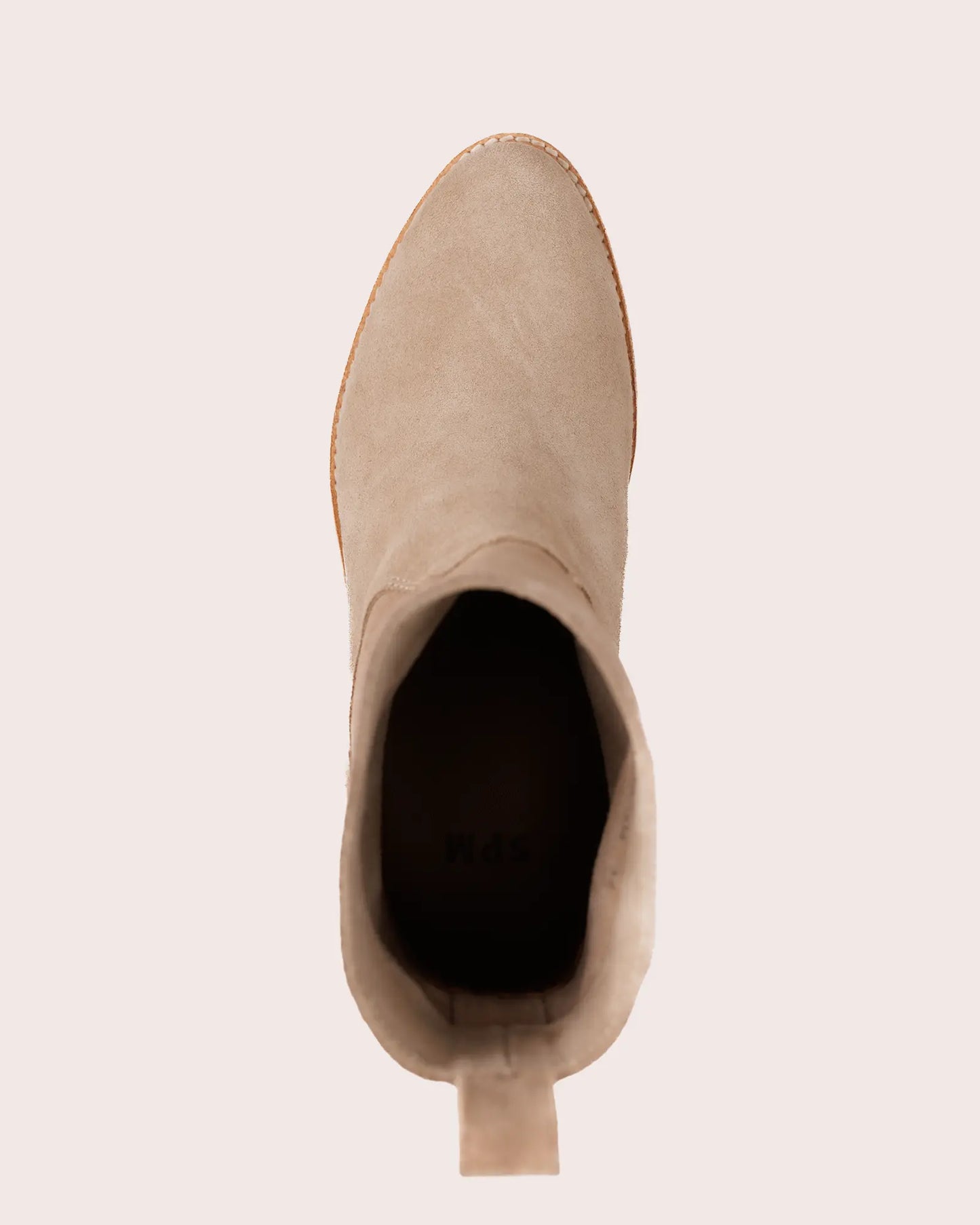 Beige suede ankle boot with inside wedge top view