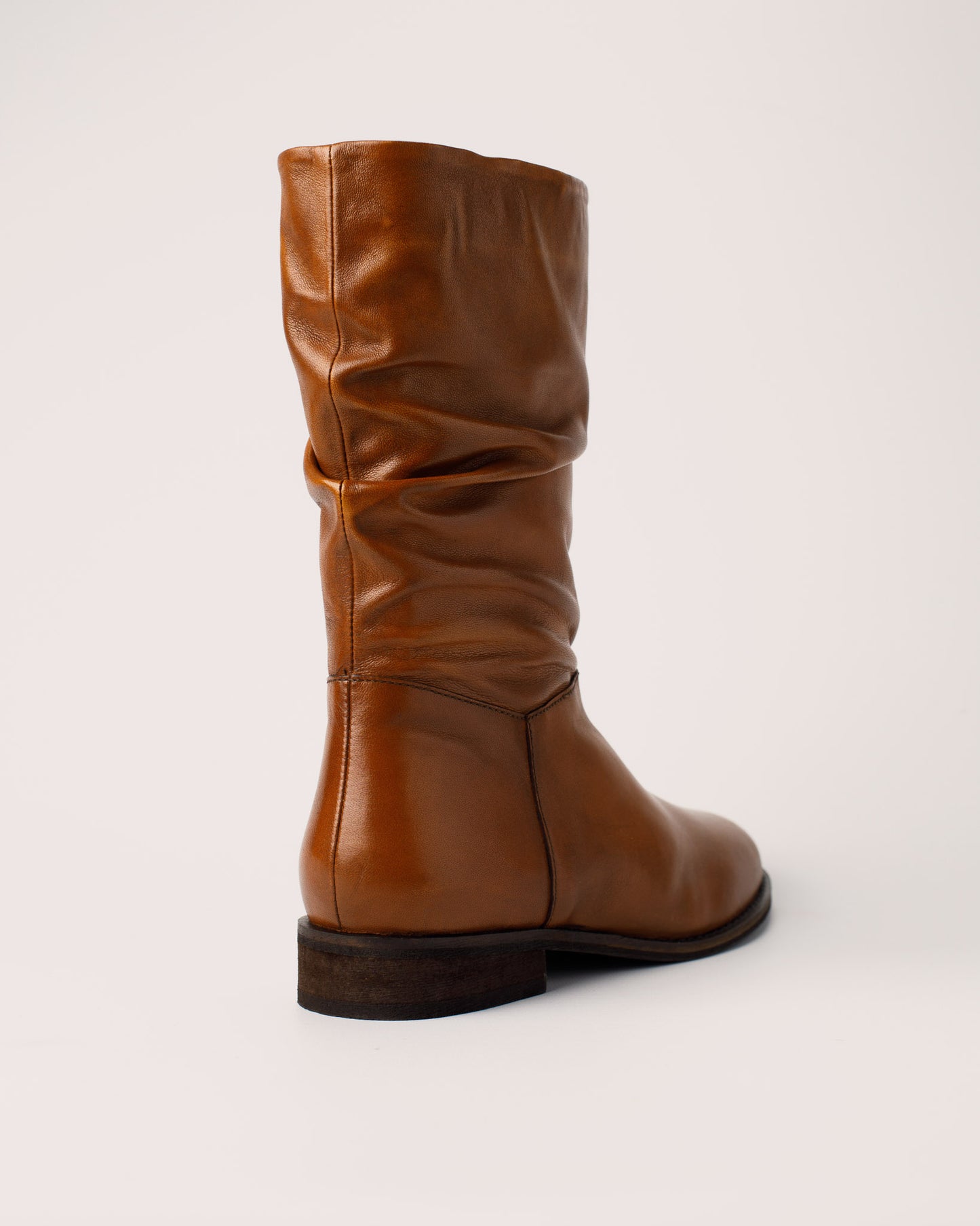 Amy cognac leather slouchy mid calf boots with 2.5 cm heel and inner zipper