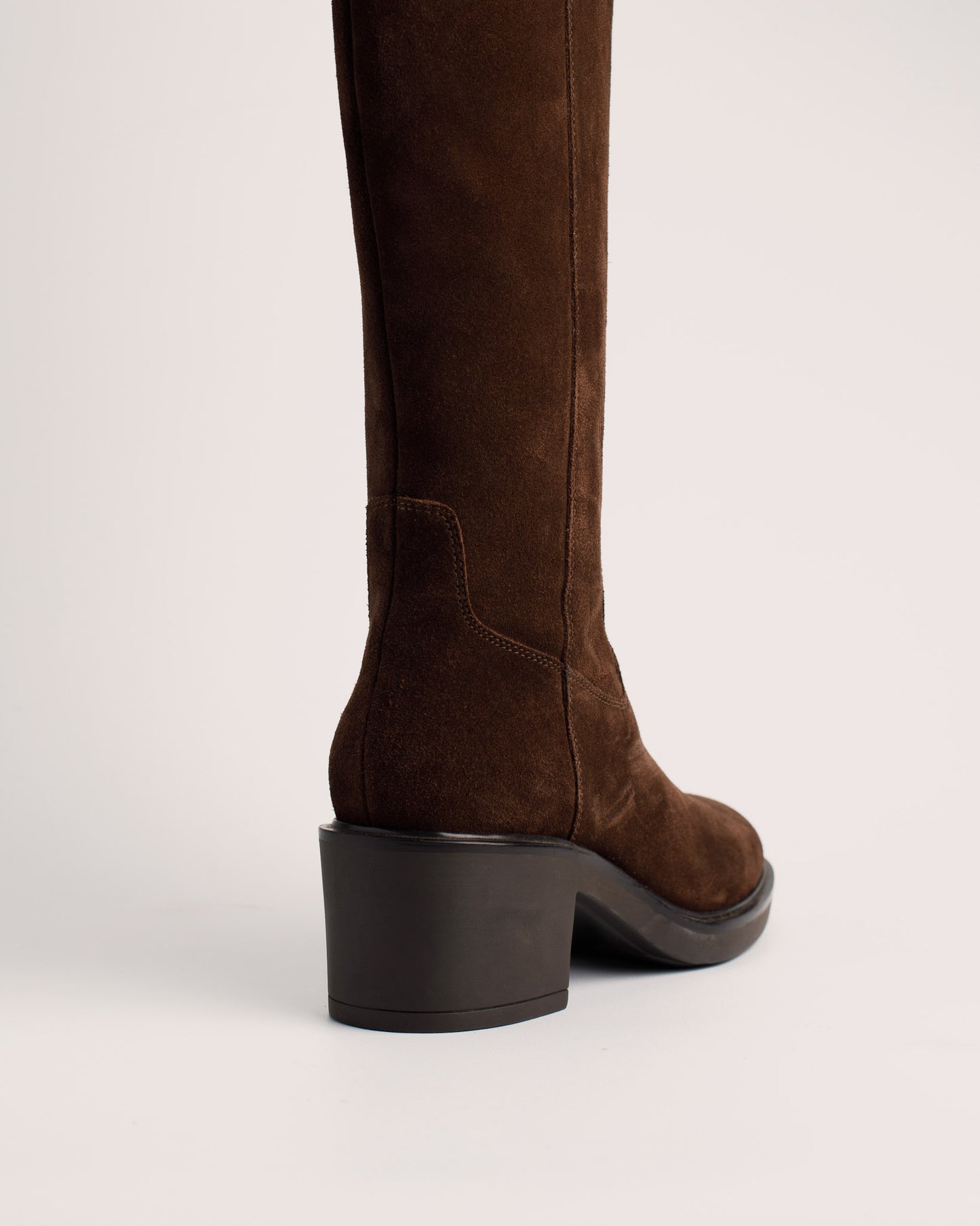 Rachel High dark brown suede leather knee high boots with 6 cm block heel and buckle