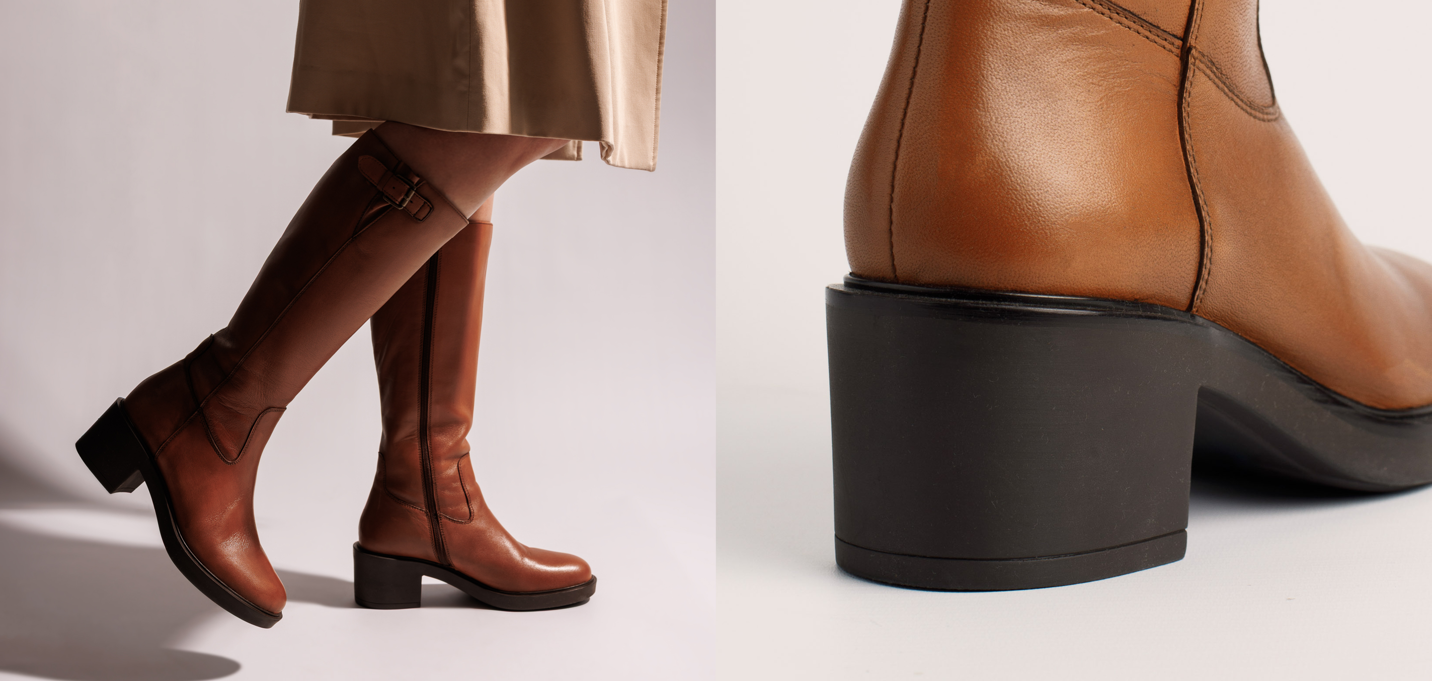 Rachel High cognac leather knee high boots with 6 cm block heel and buckle