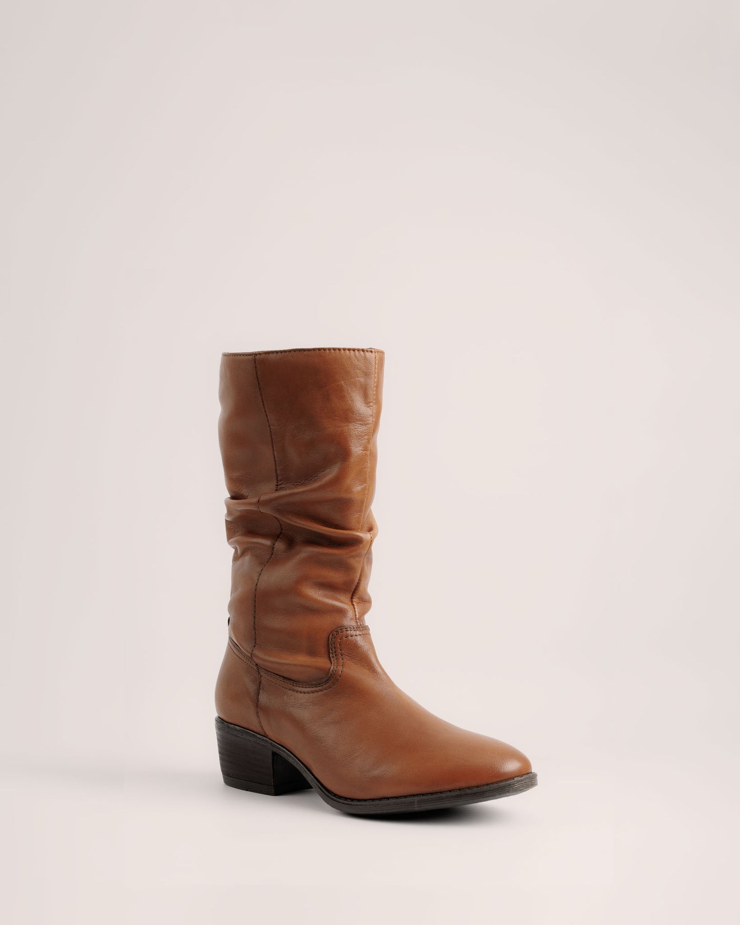 Side view of Lorenz mid-calf slouch boot in cognac leather