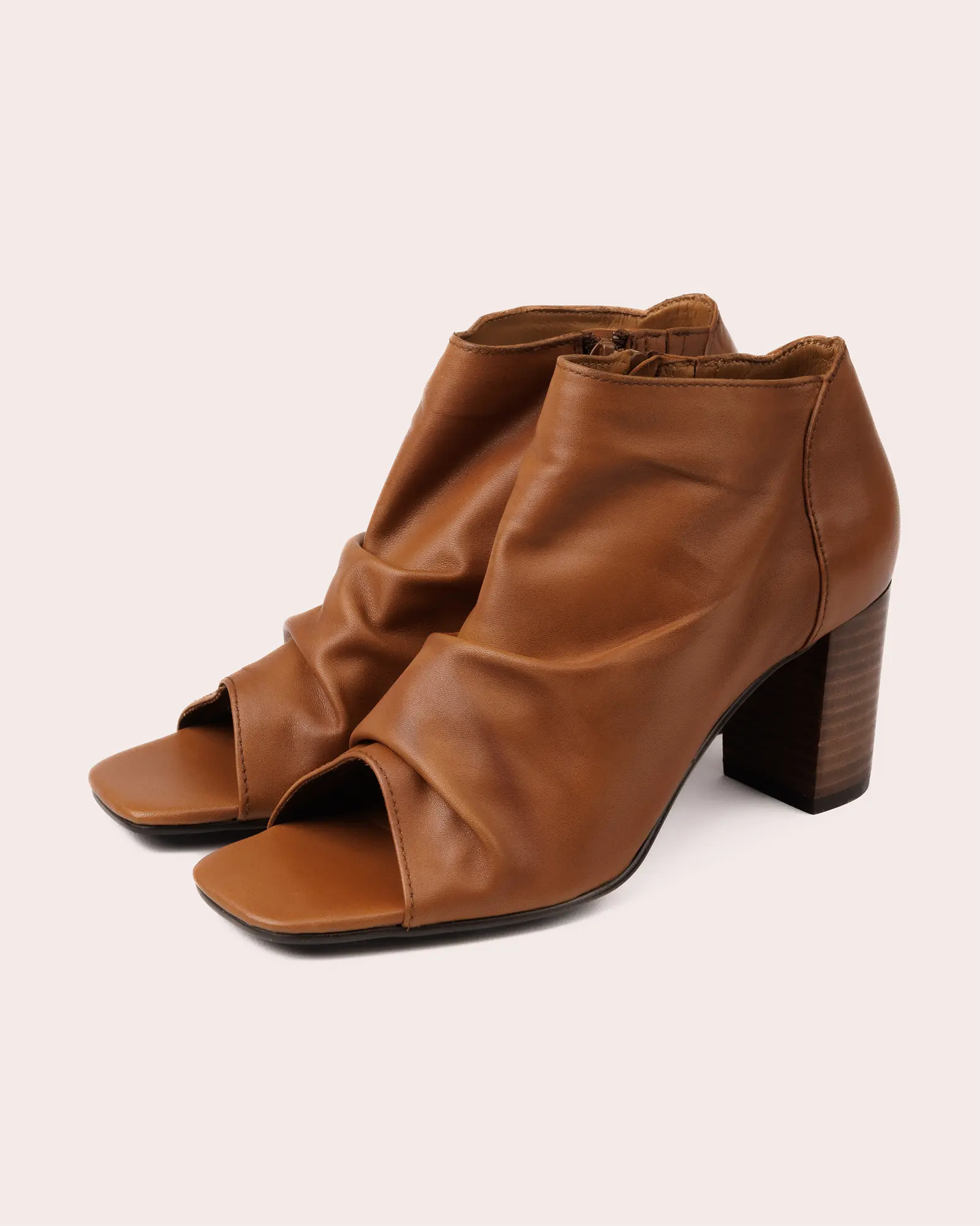 Cognac leather open toe heeled sandal side view