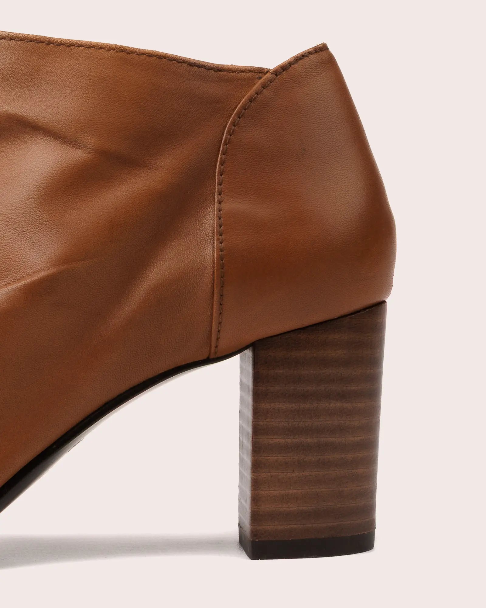 Cognac leather open toe heeled sandal detail of heel