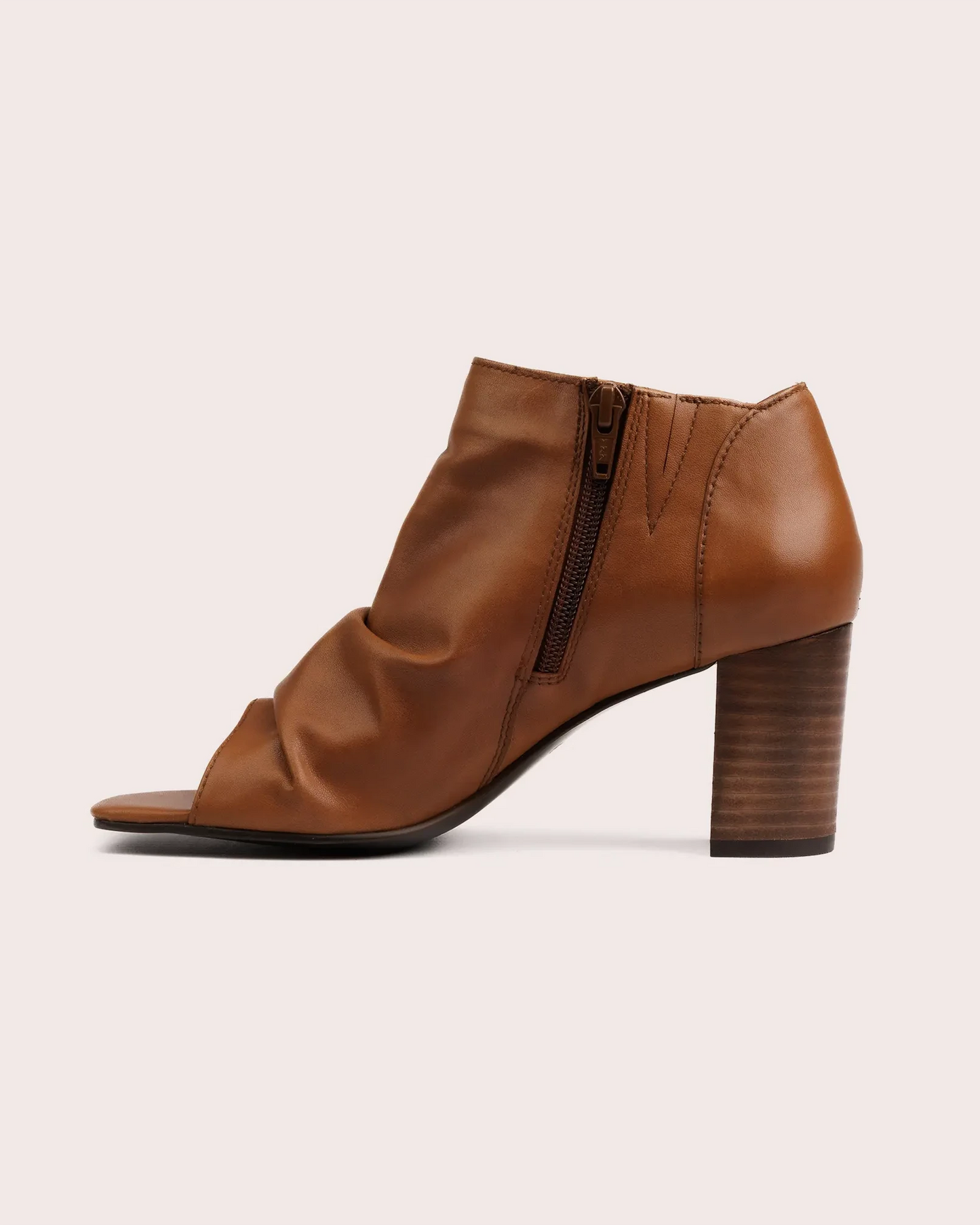 Cognac leather open toe heeled sandal side view