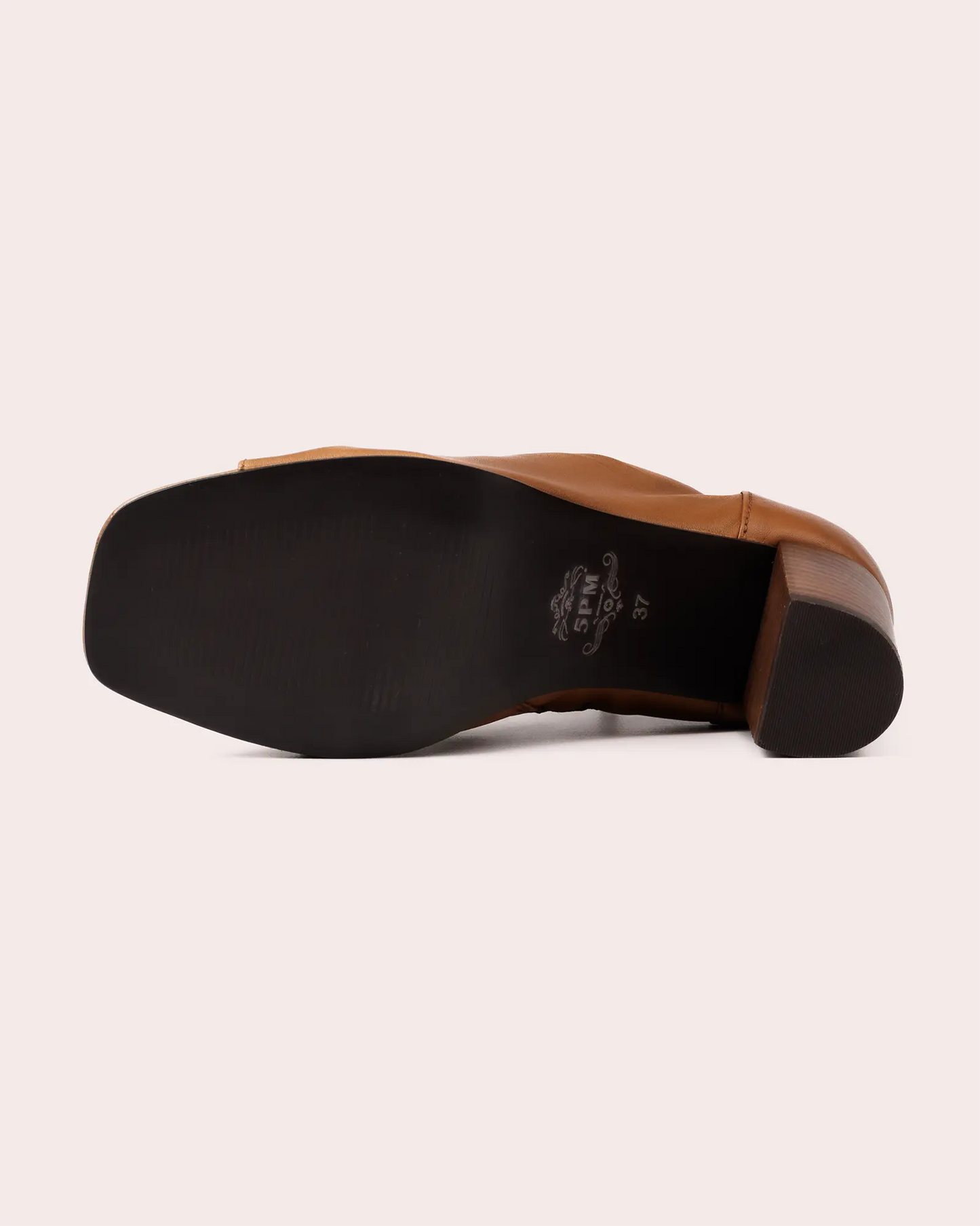 Cognac leather open toe heeled sandal outsole