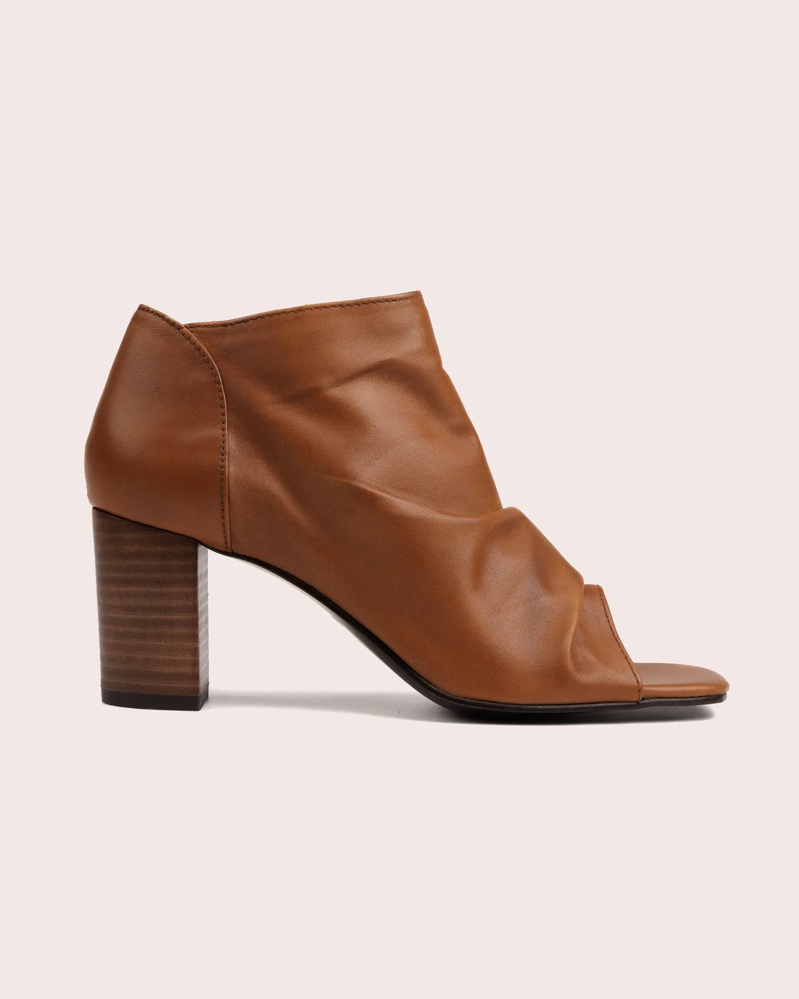 Cognac leather open toe heeled sandal side view
