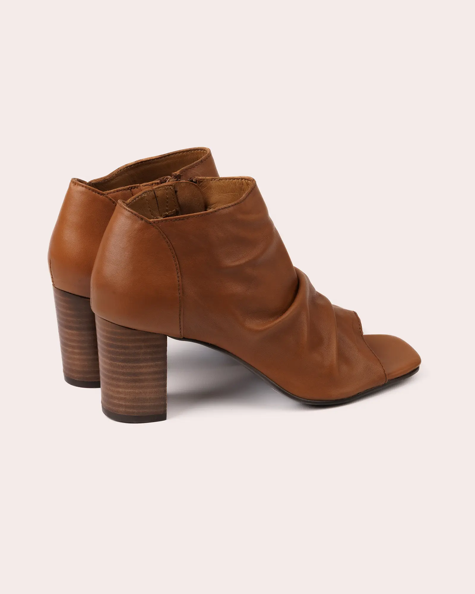 Cognac leather open toe heeled sandal side view