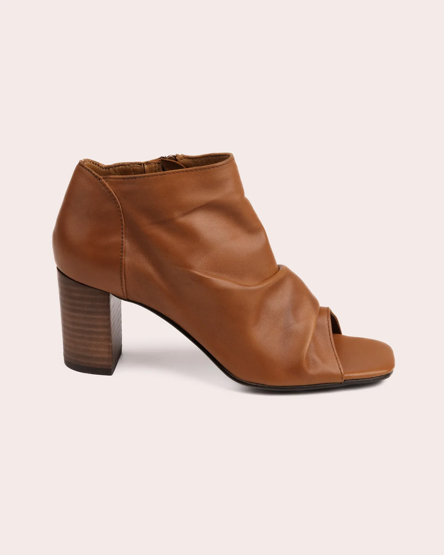 Cognac leather open toe heeled sandal side view