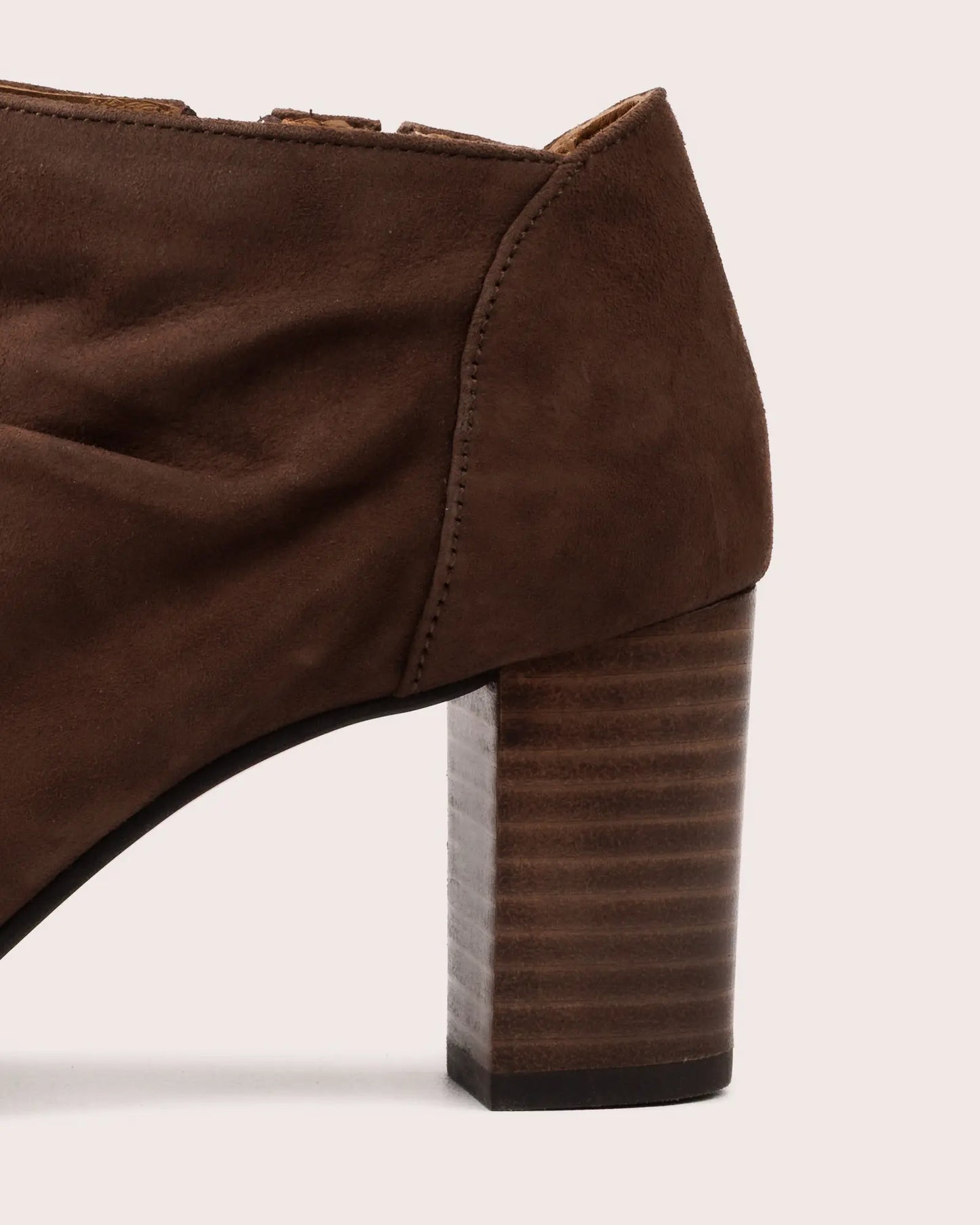 Dark brown suede open toe heeled sandal detail of heel