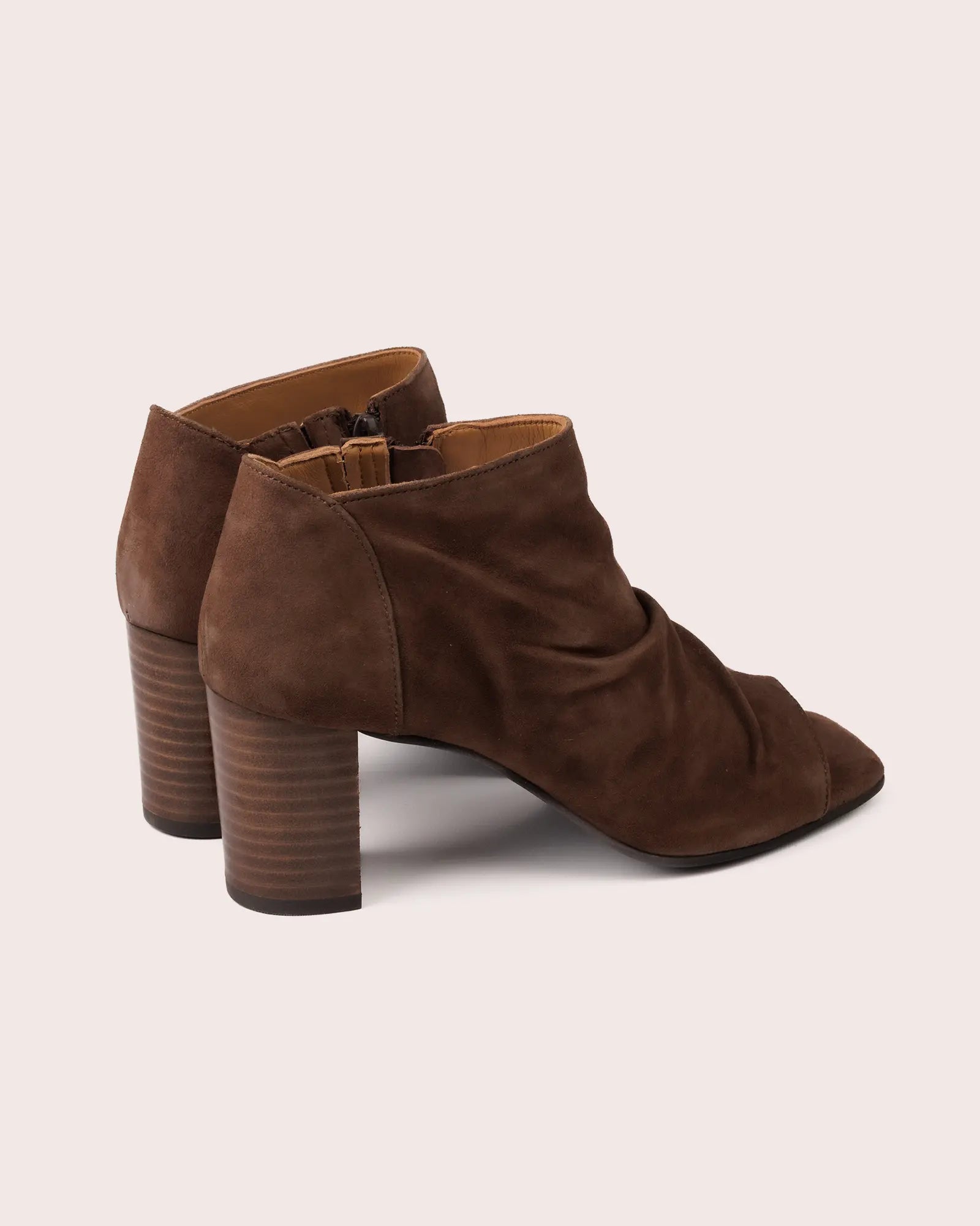 Dark brown suede open toe heeled sandal side view