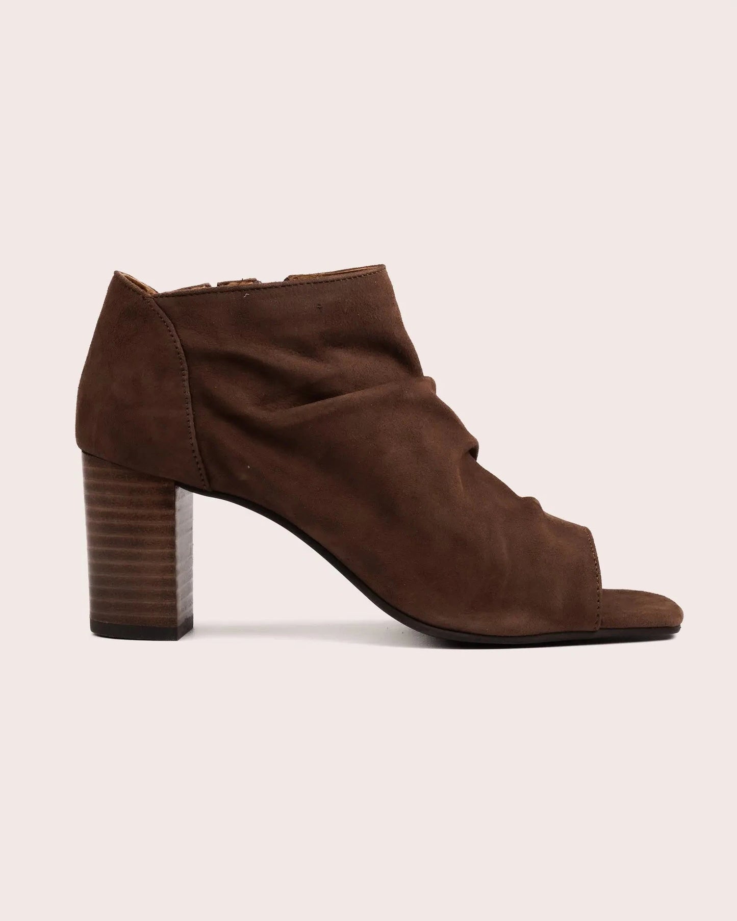Dark brown suede open toe heeled sandal side view