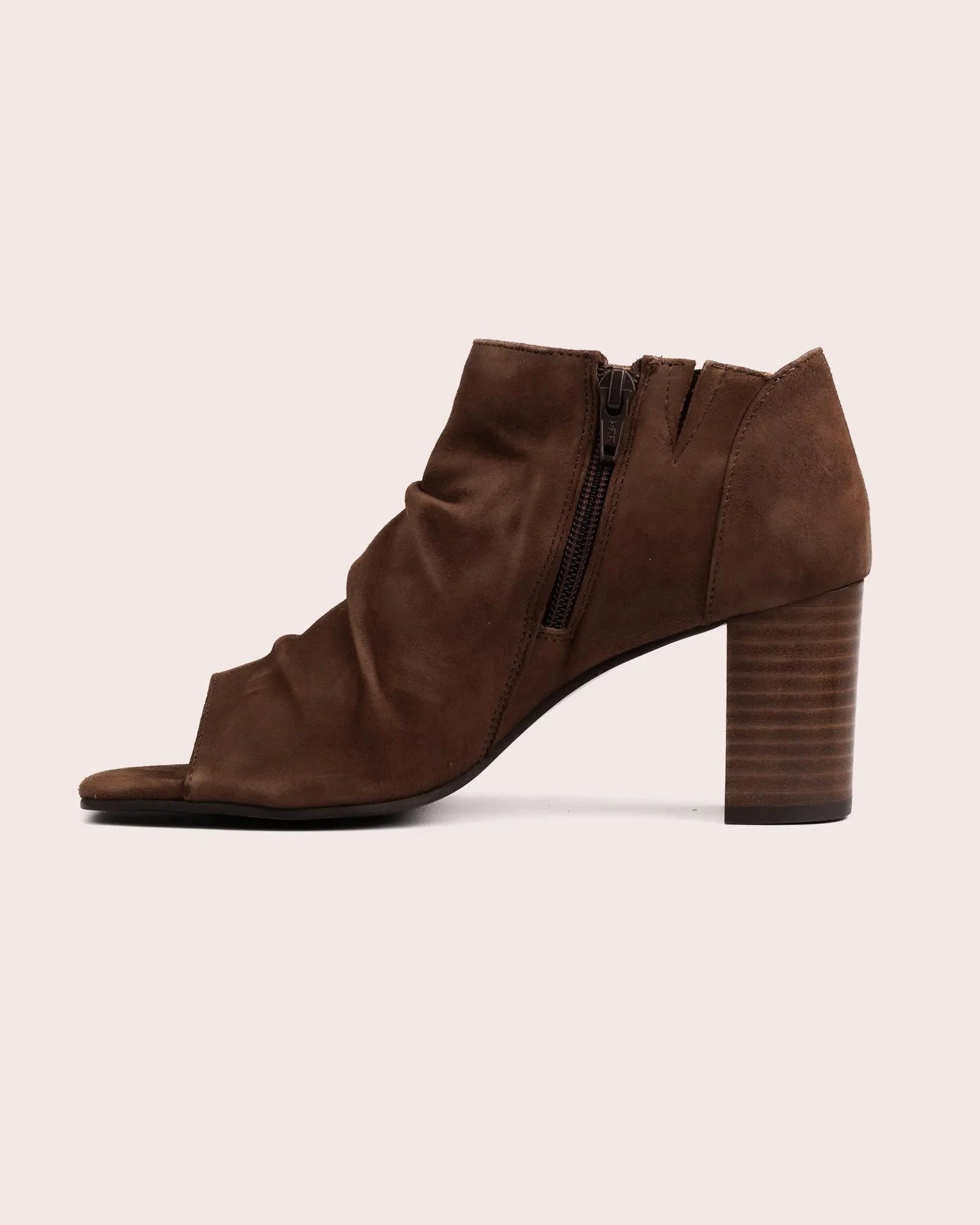 Dark brown suede open toe heeled sandal inside view
