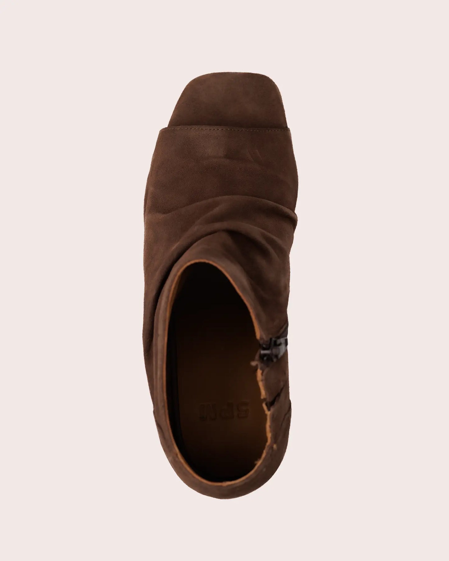 Dark brown suede open toe heeled sandal top view