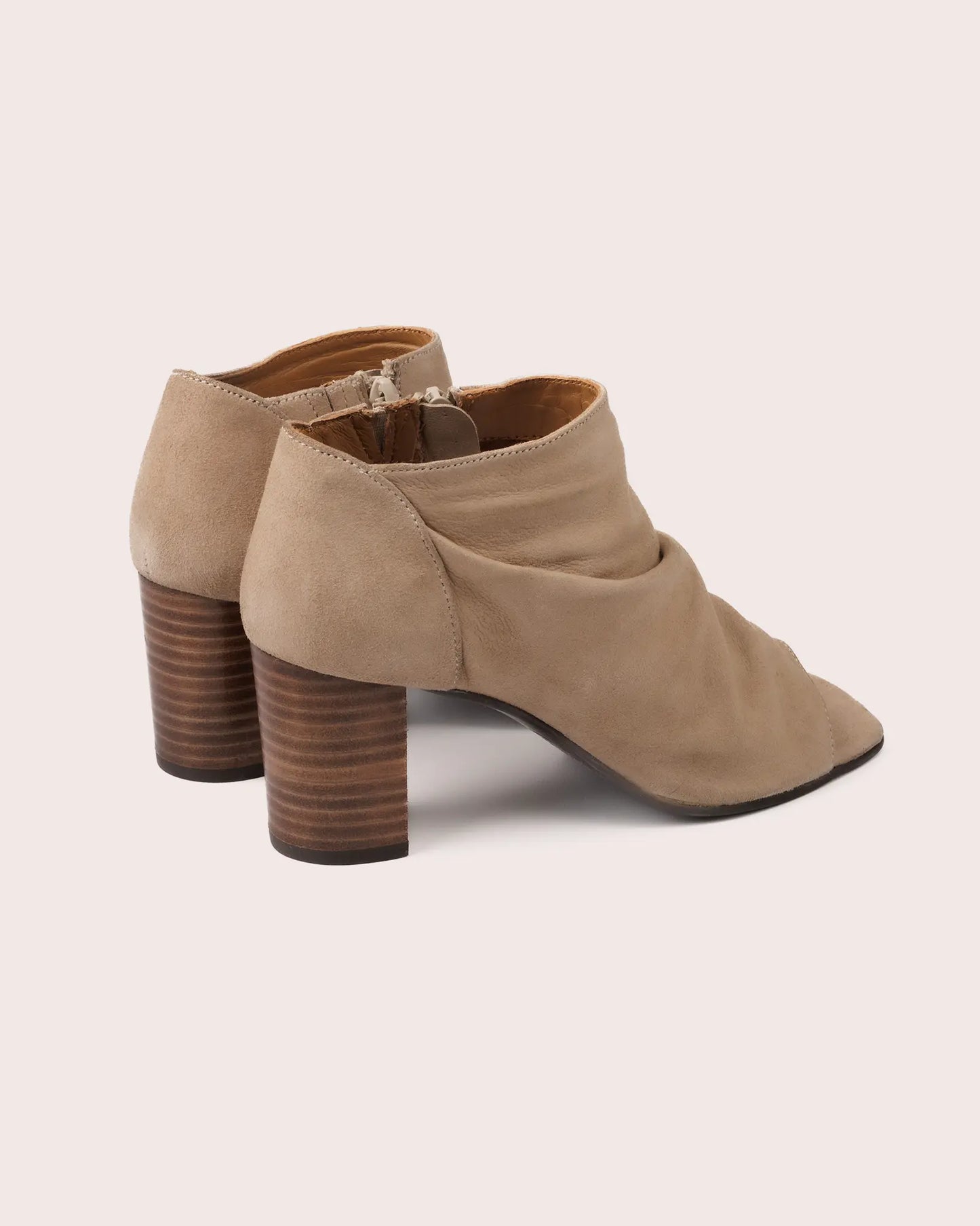 Beige suede open toe heeled sandal side view