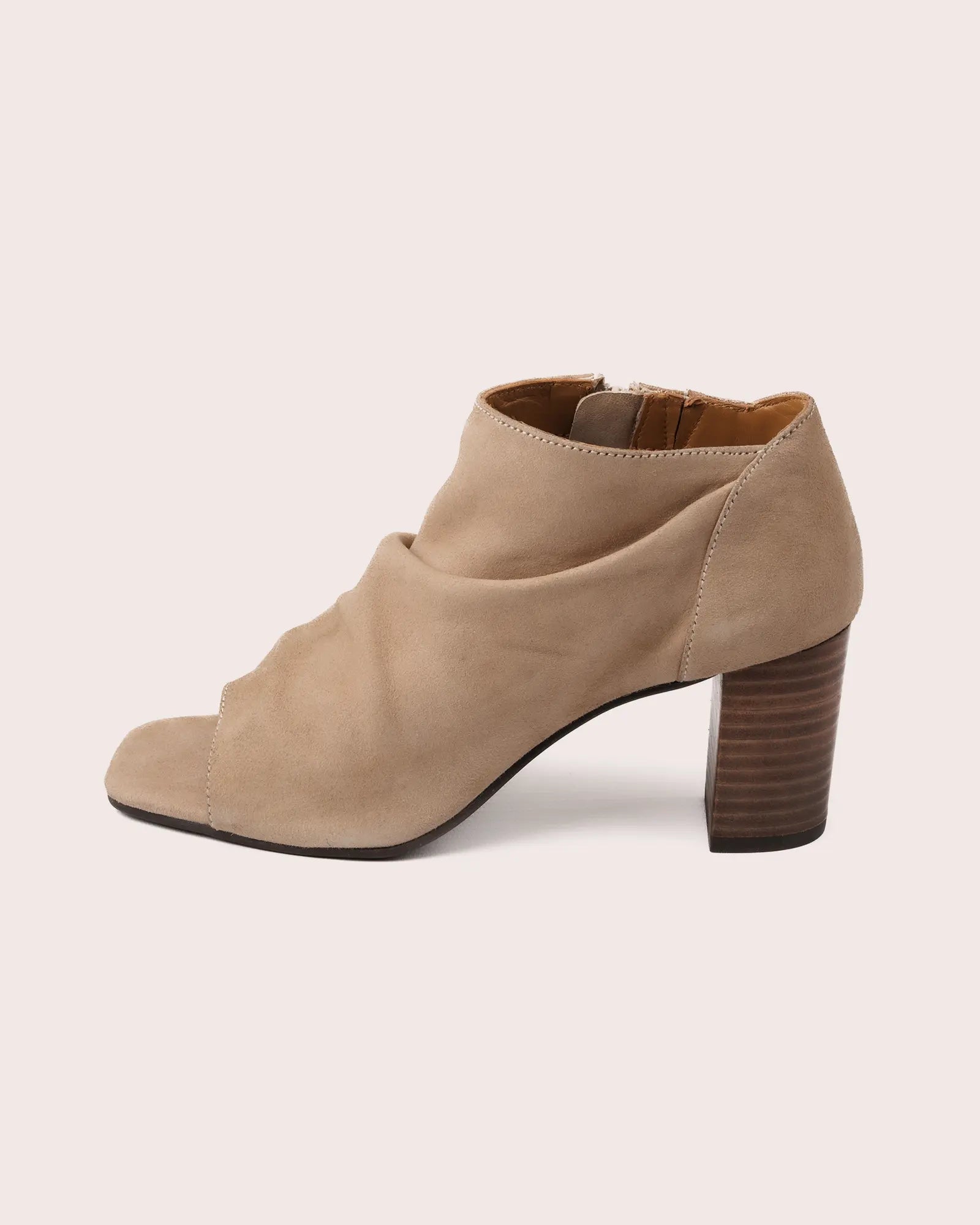 Beige suede open toe heeled sandal side view