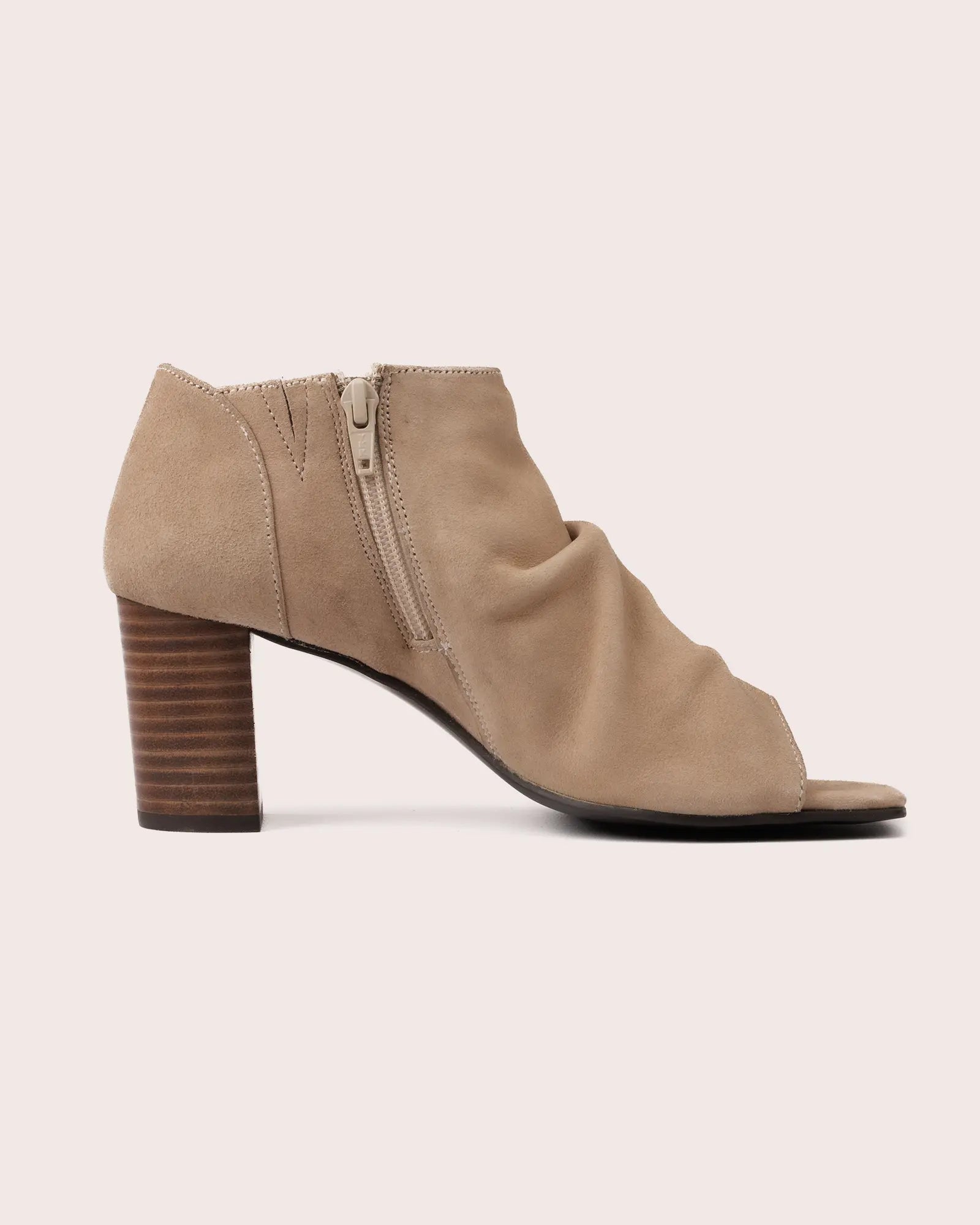 Beige suede open toe heeled sandal inside view