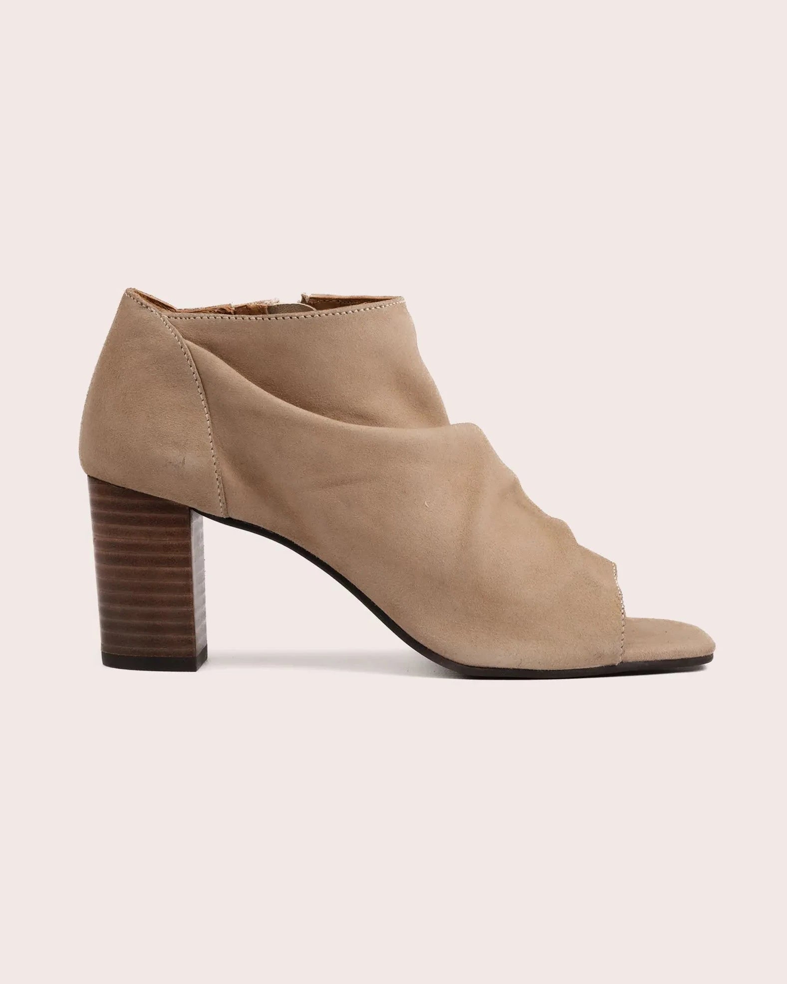 Beige suede open toe heeled sandal side view