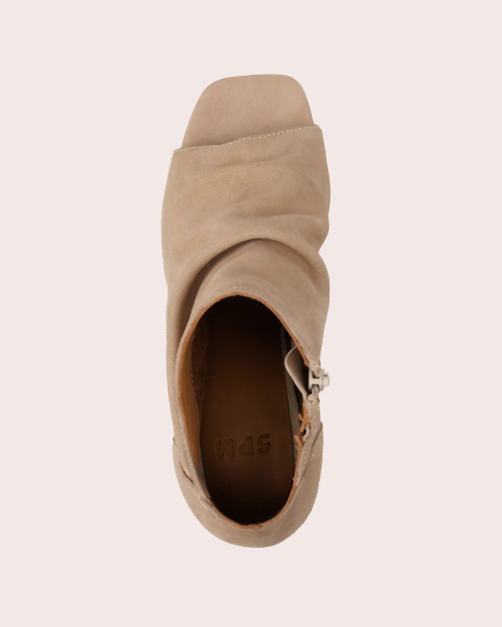Beige suede open toe heeled sandal top view
