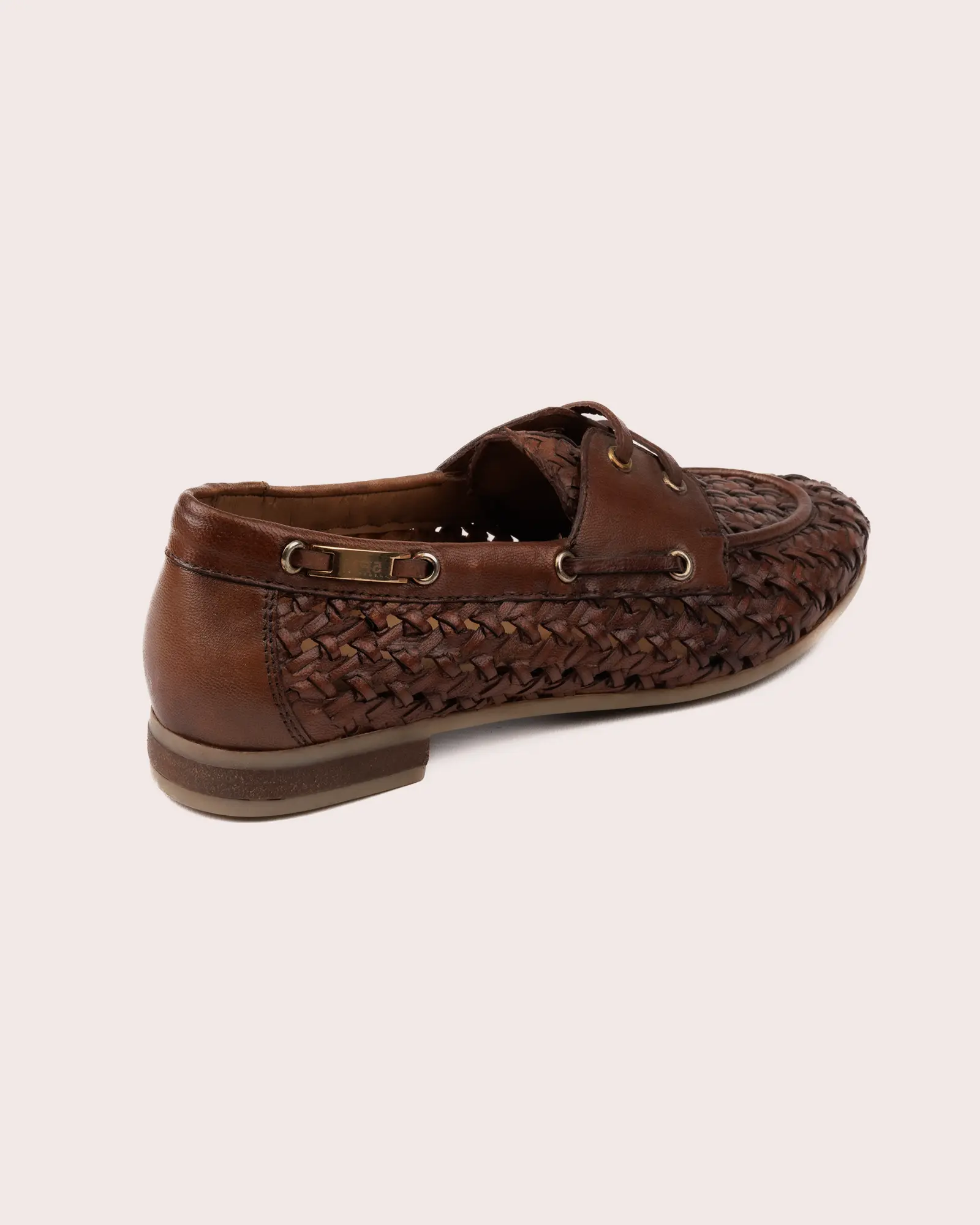 woven cognac leather boot shoe side view