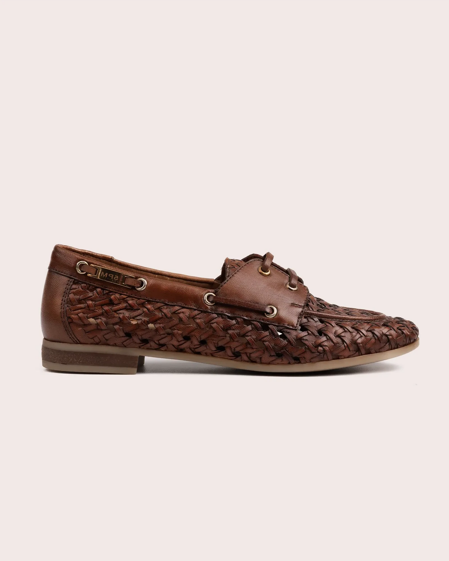 woven cognac leather boot shoe side view