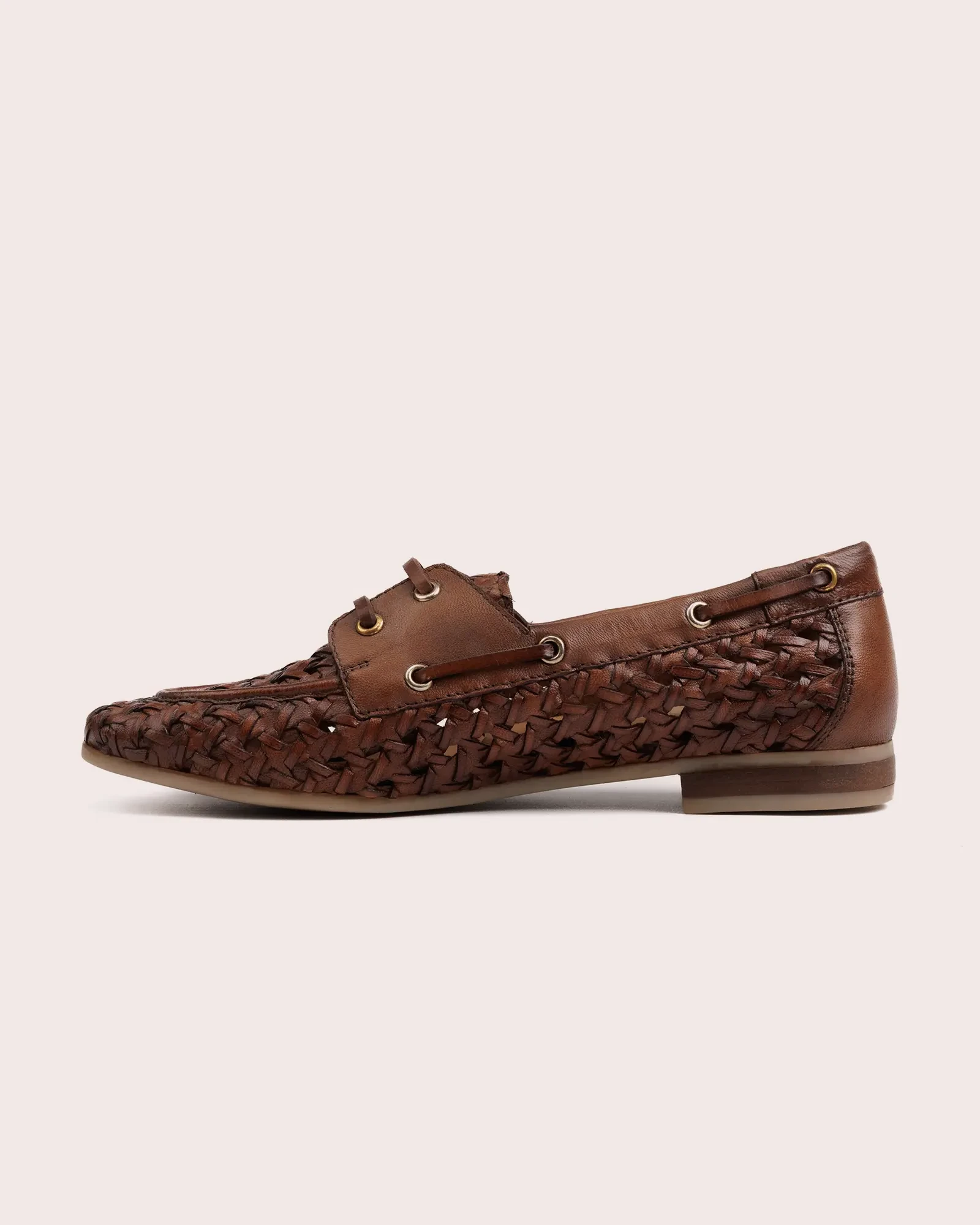 woven cognac leather boot shoe side view