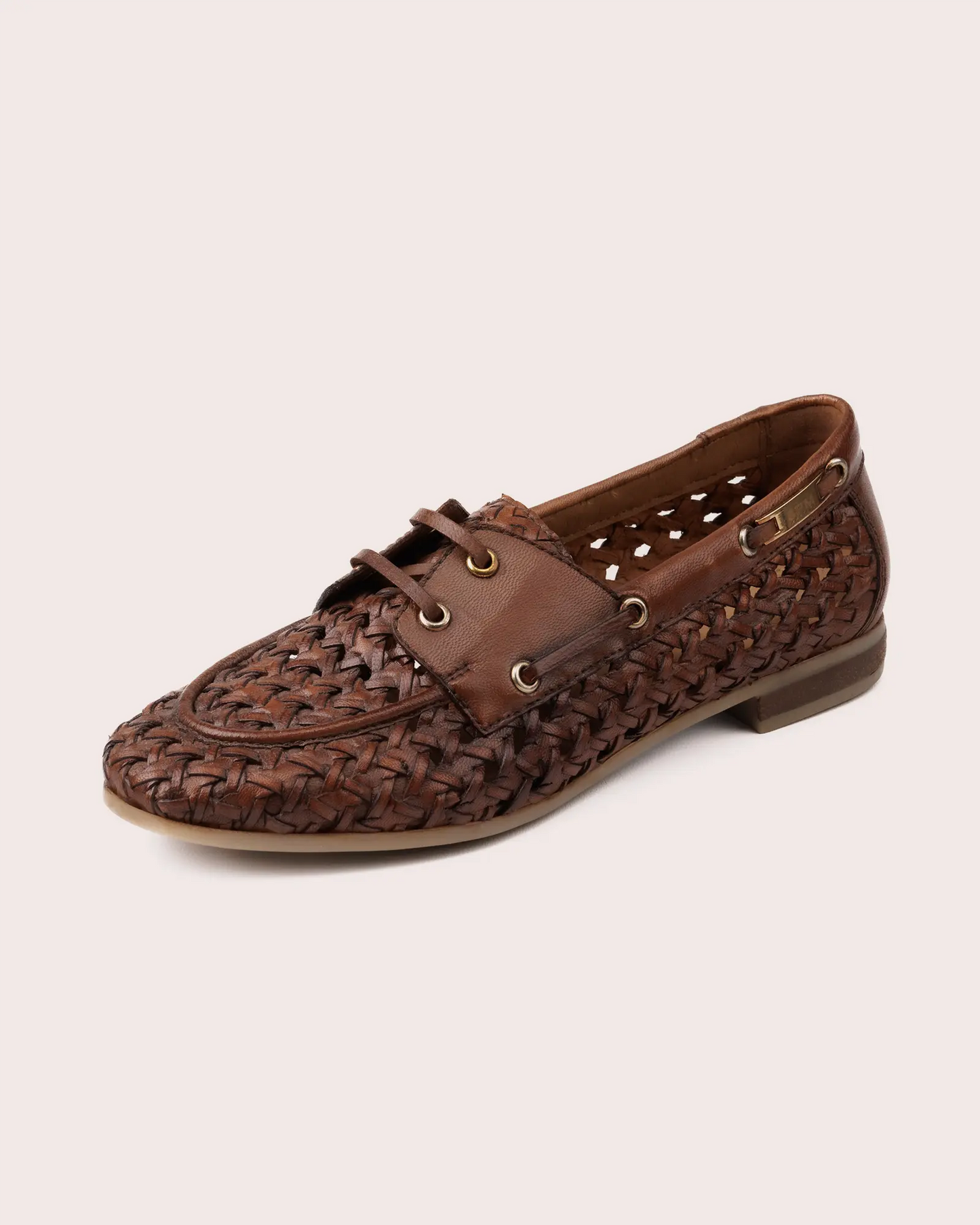 woven cognac leather boot shoe side view