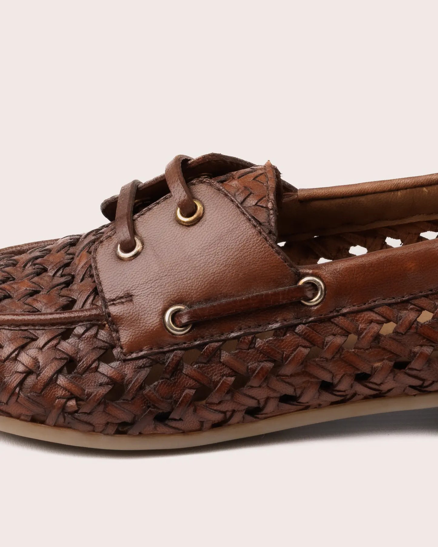 woven cognac leather boot shoe side view