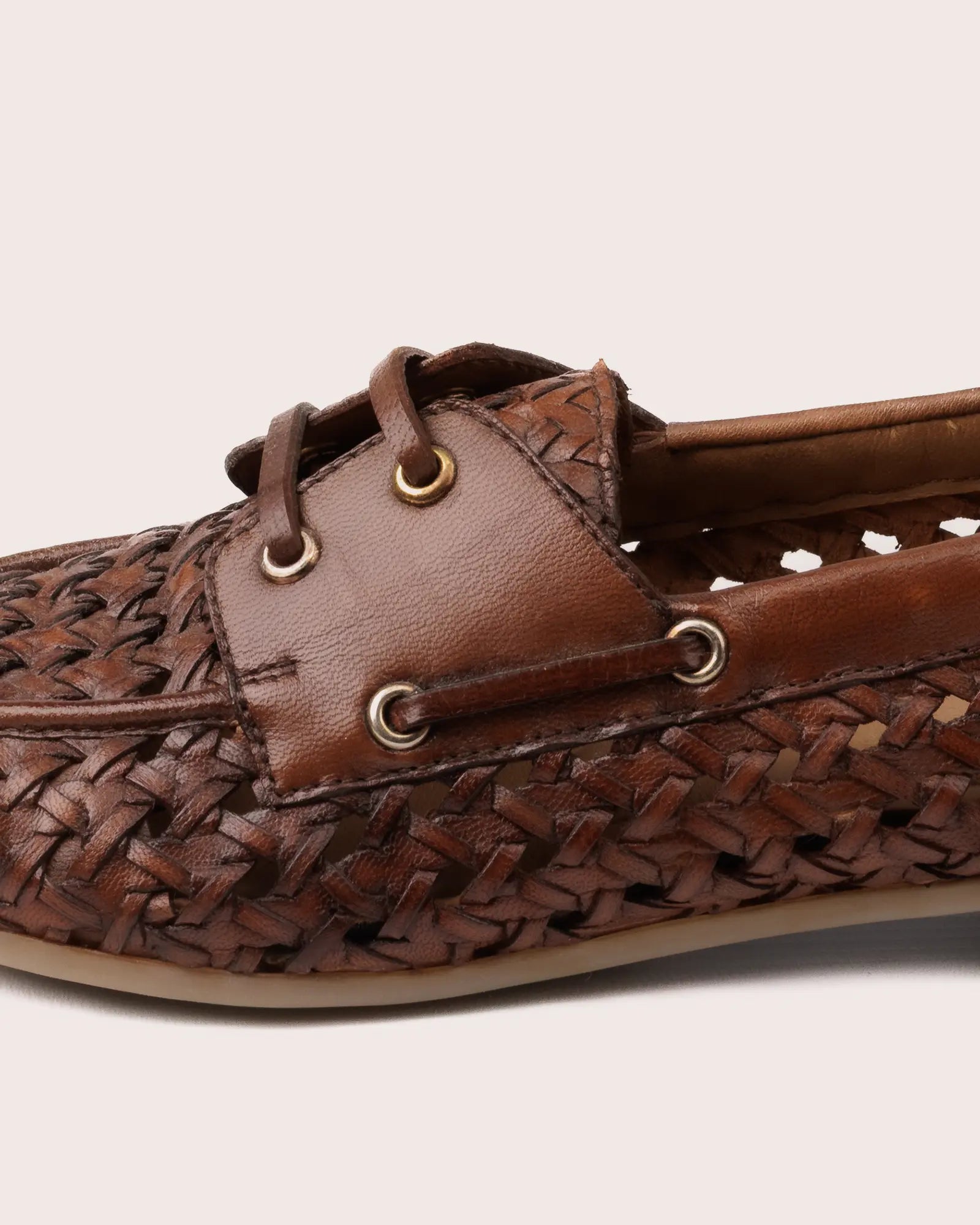 woven cognac leather boot shoe side view