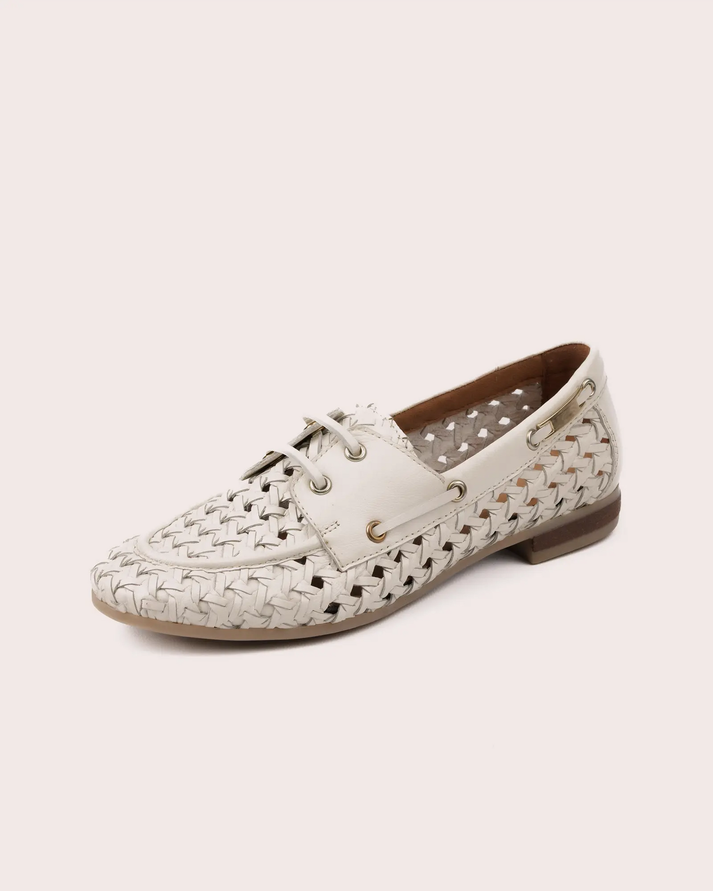 woven white leather boot shoe side view