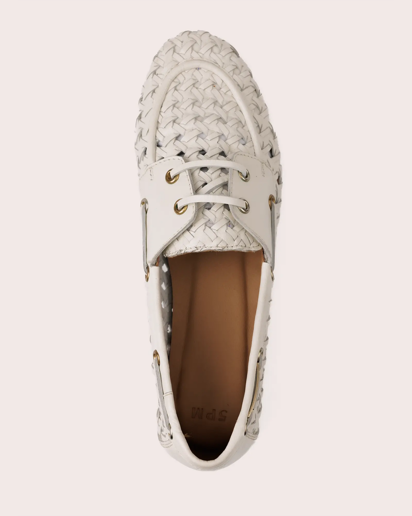 White woven leather boot shoe top view