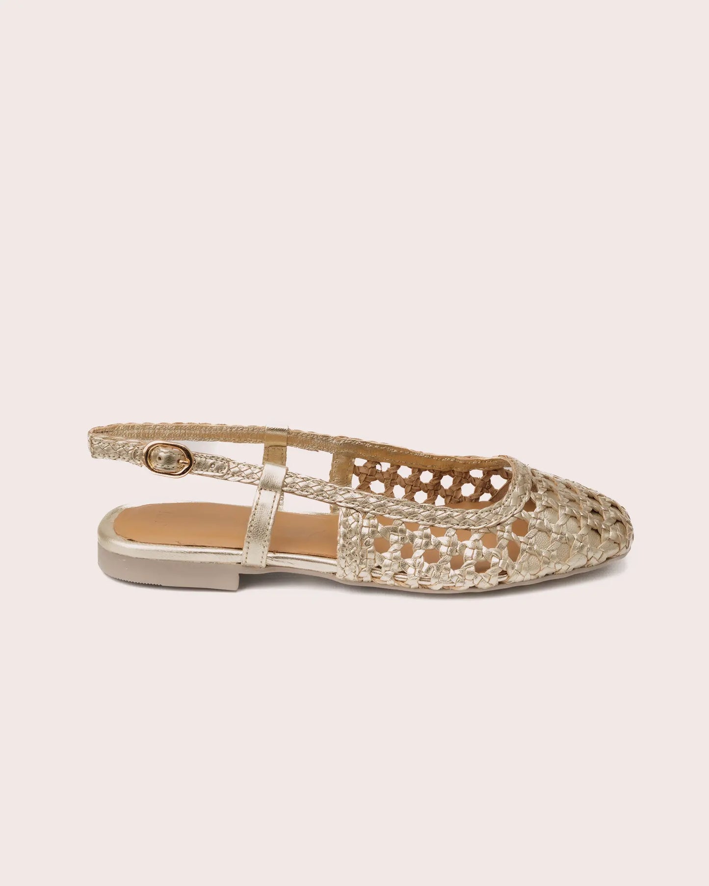 Gold woven leather slingback side view