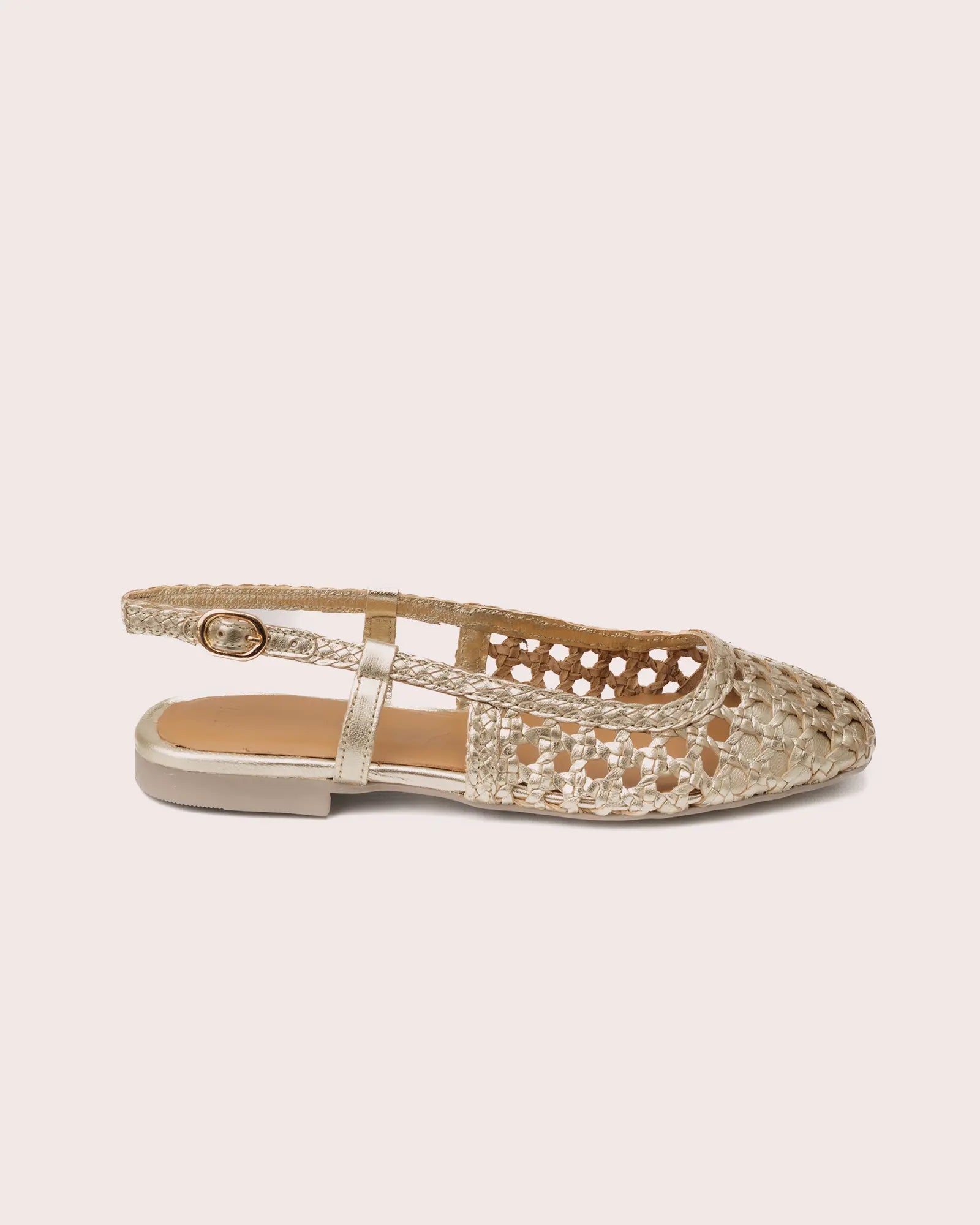 Gold woven leather slingback side view
