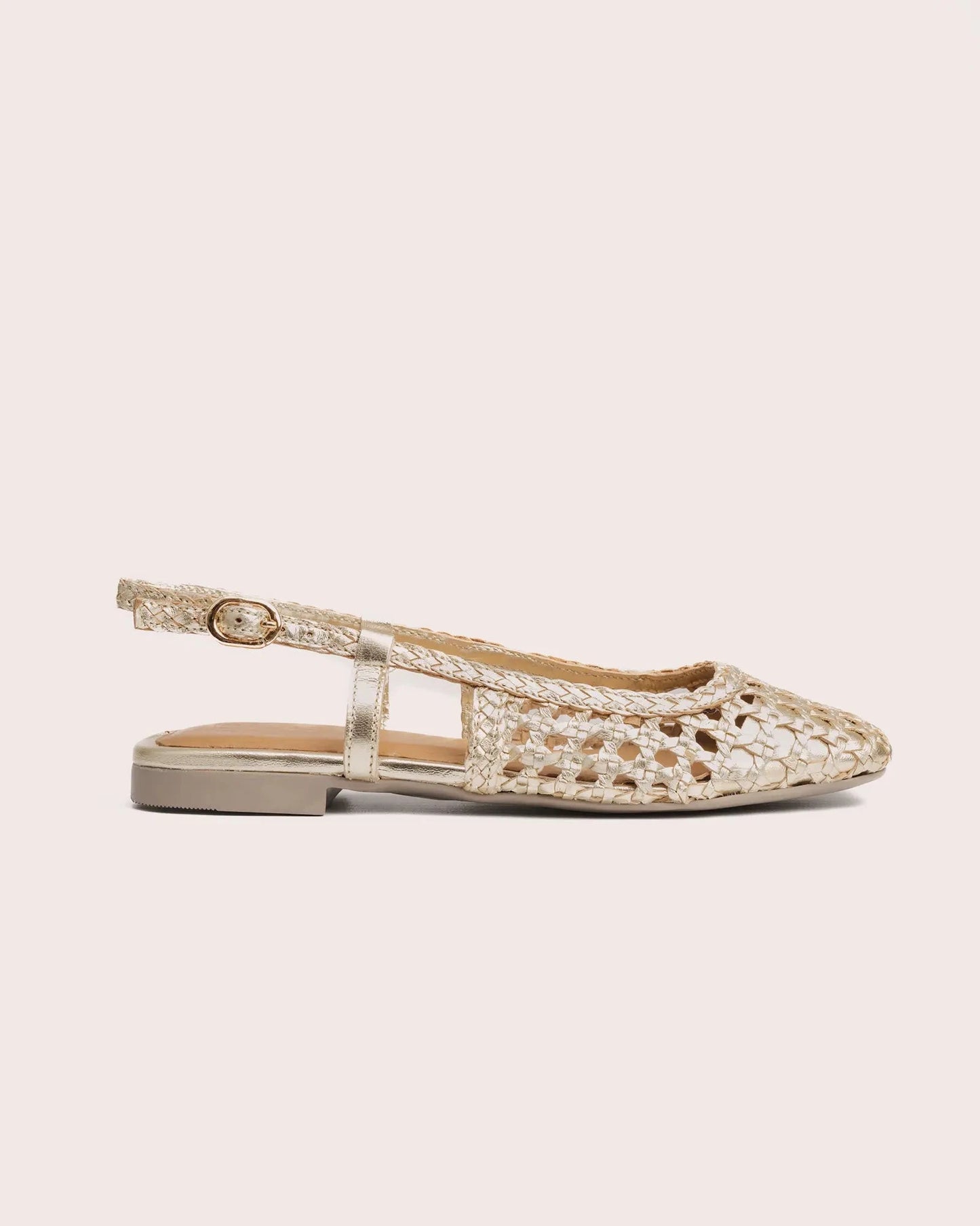Gold woven leather slingback side view