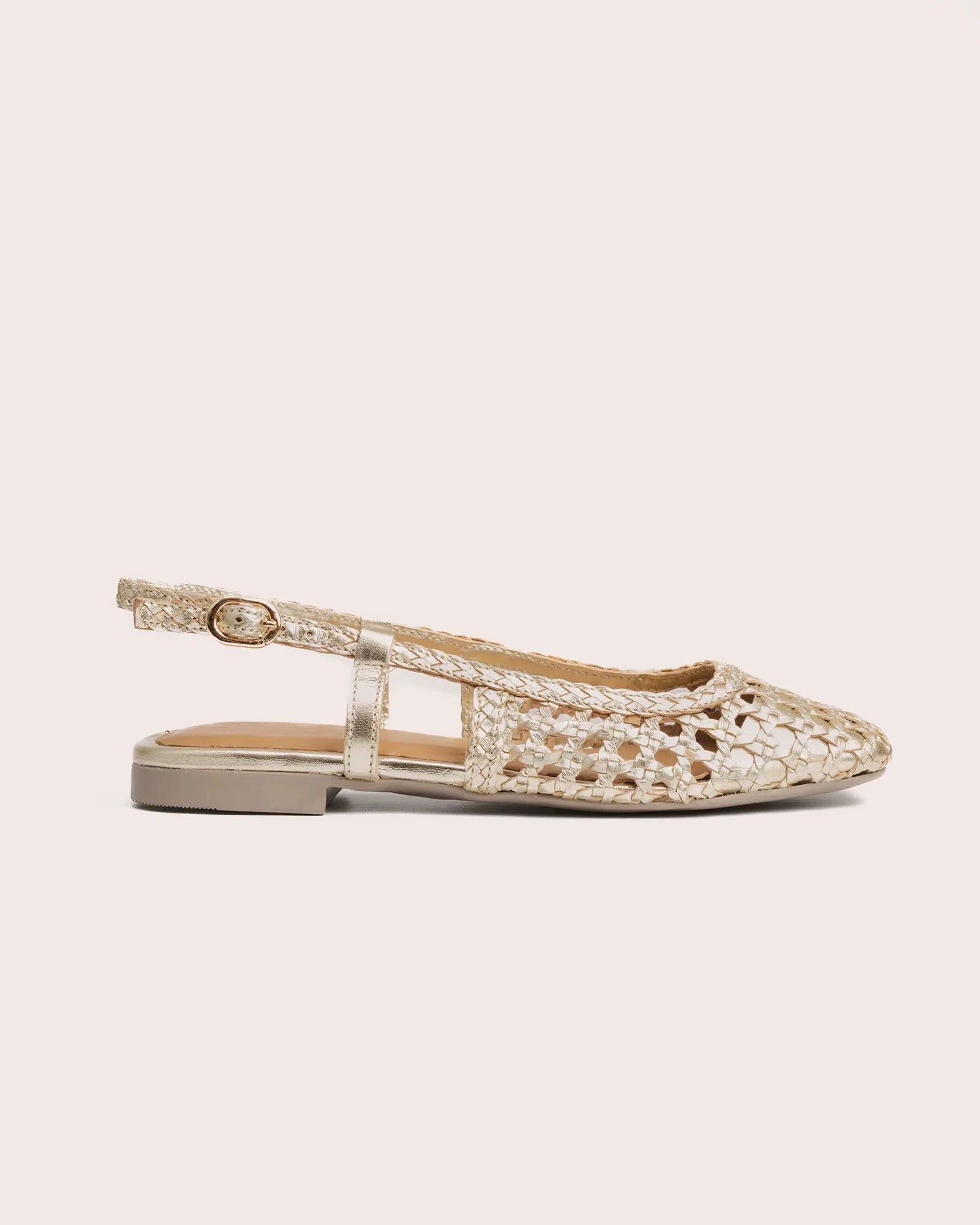 Gold woven leather slingback side view