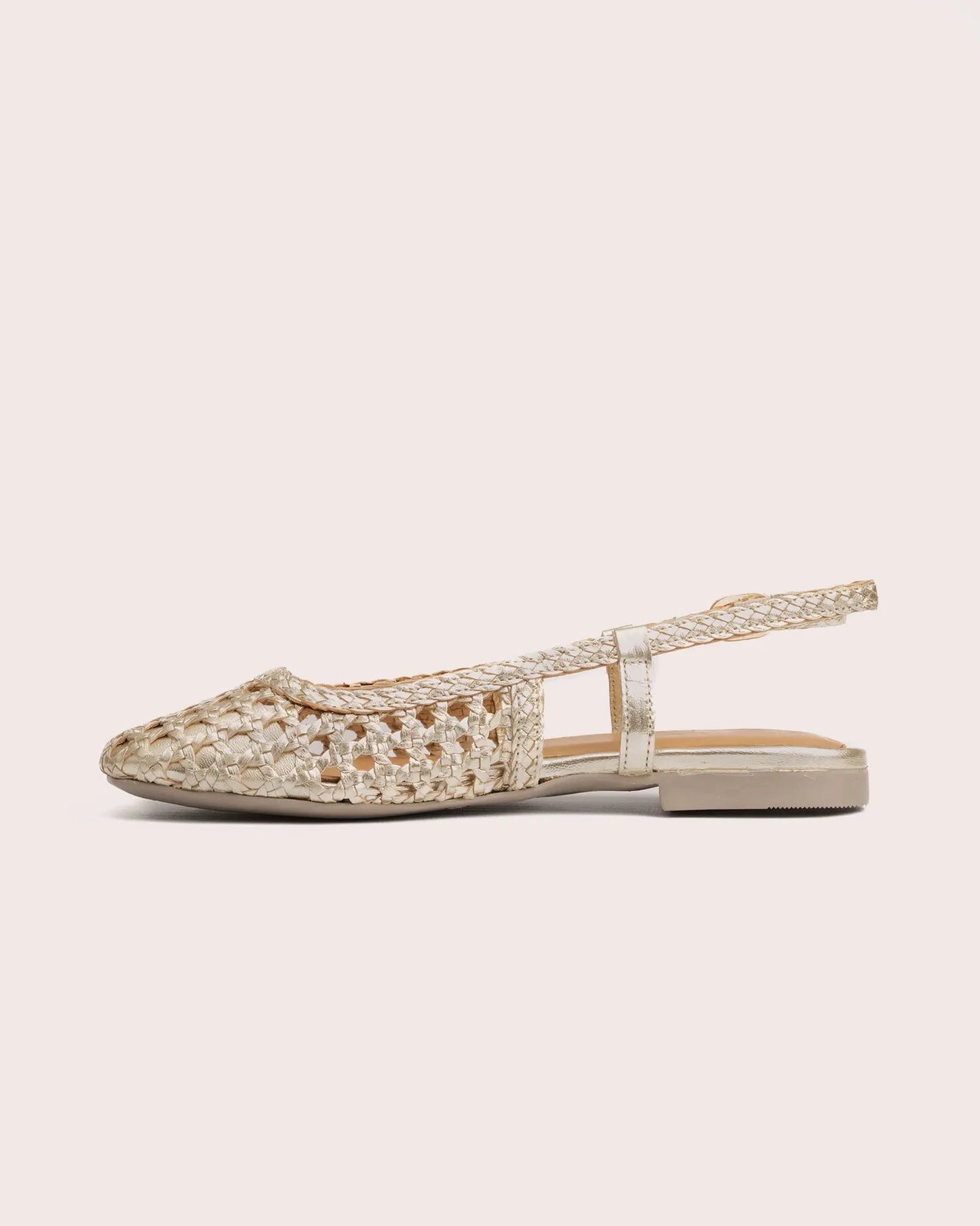 Gold woven leather slingback side view