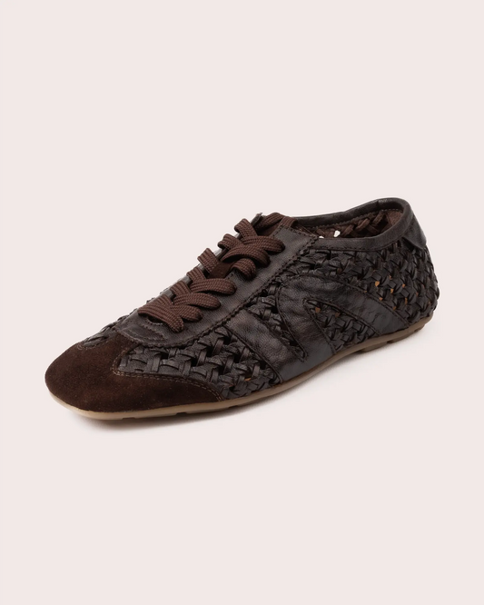 Dark brown woven leather sneaker side view