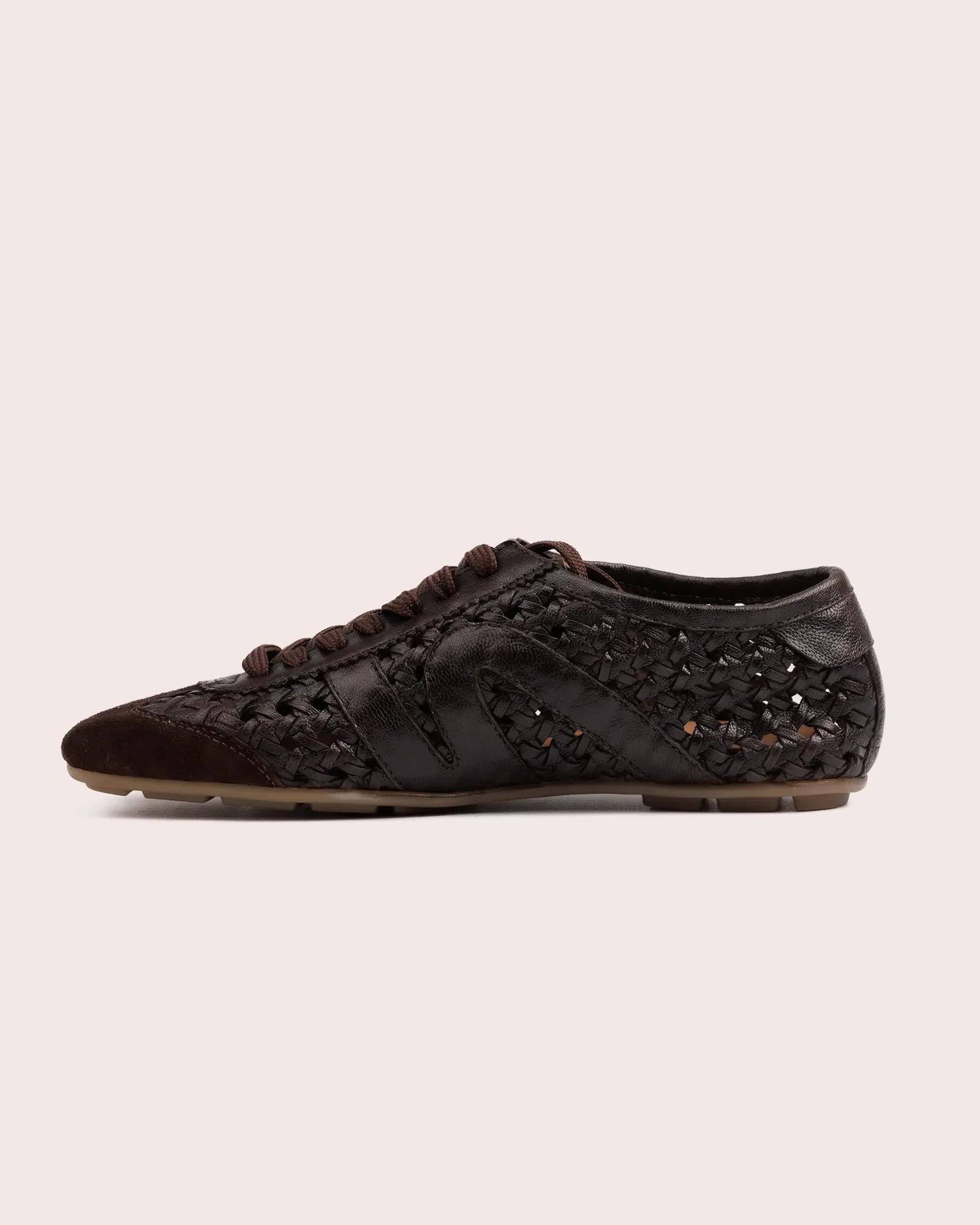 Dark brown woven leather sneaker side view