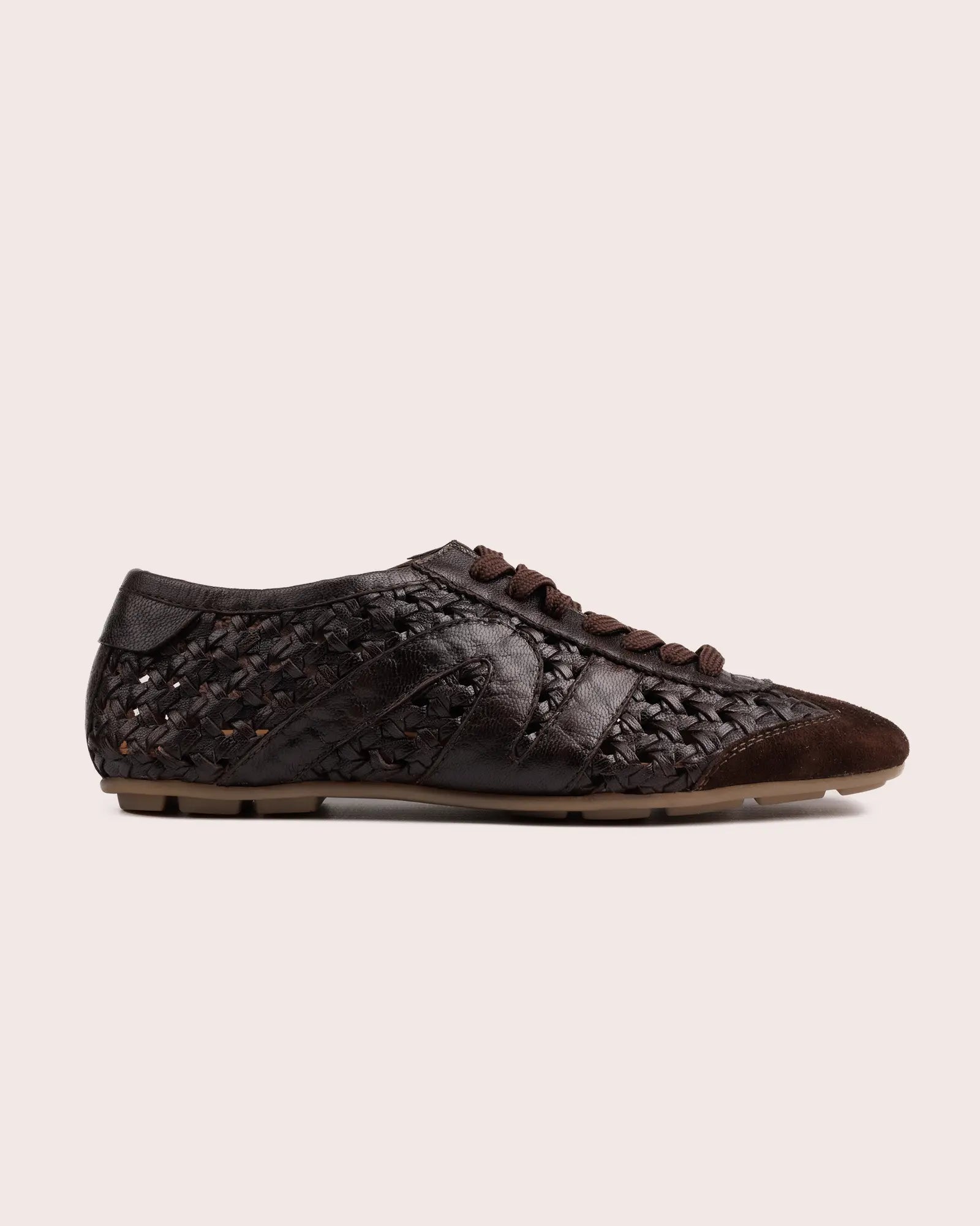 Dark brown woven leather sneaker side view