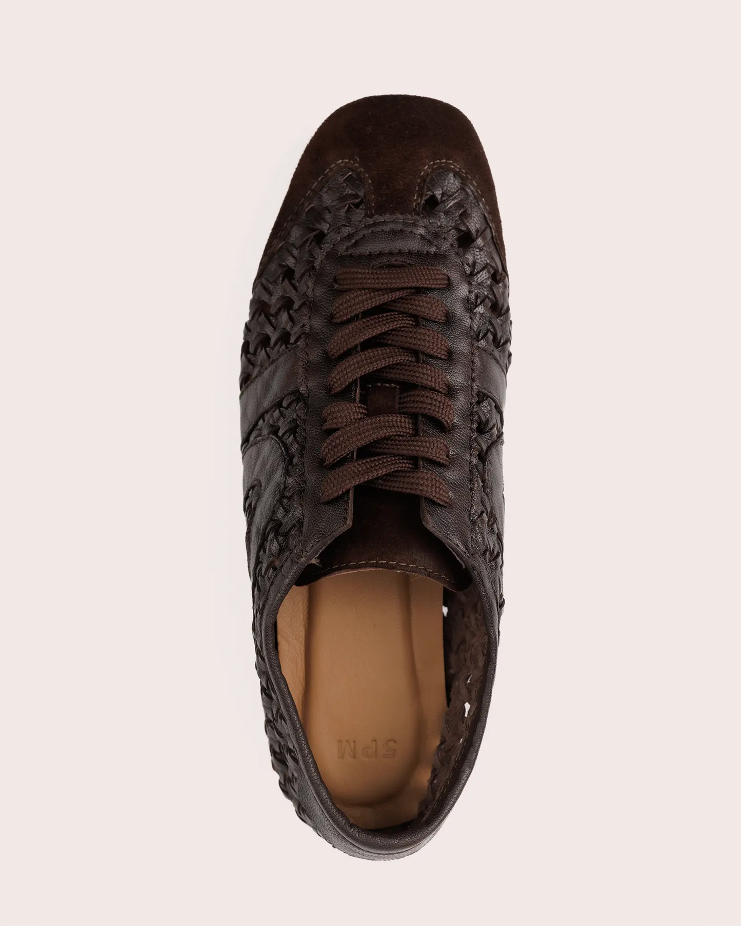 Dark brown woven leather sneaker top view