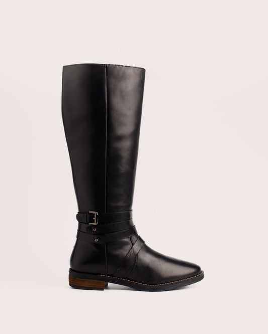 Babila black leather riding inspired tall boots with 38 cm shaft and low heel