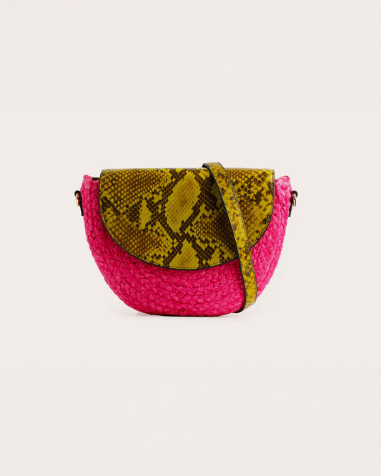 Crossbody Bag - Cinque Terre in Pink Raffia and snake print leather - 5PM Footwear