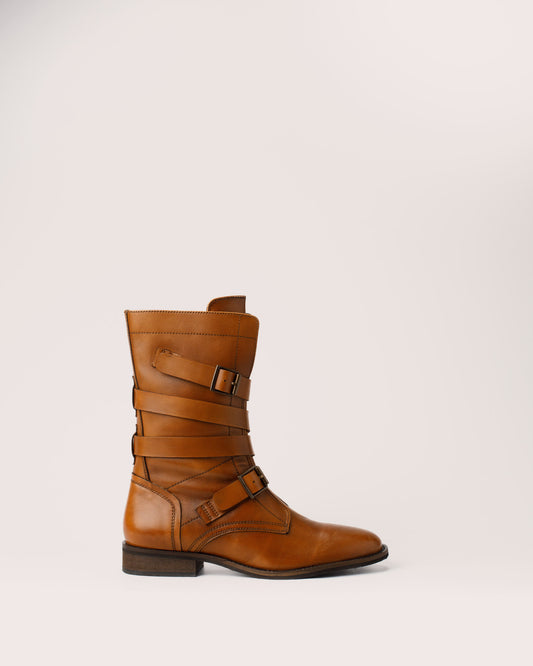 Courtney cognac leather mid calf boots with buckle straps and 2.5 cm heel