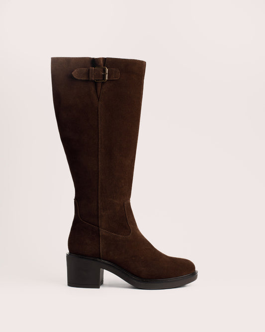 Rachel High dark brown suede leather knee high boots with 6 cm block heel and buckle