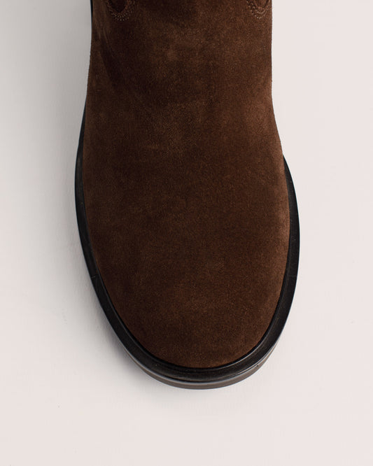 Rachel High dark brown suede leather knee high boots with 6 cm block heel and buckle