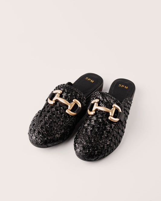 Mule Slide - Matera Solerno in Black Woven Leather - 5PM Footwear - Front Pair