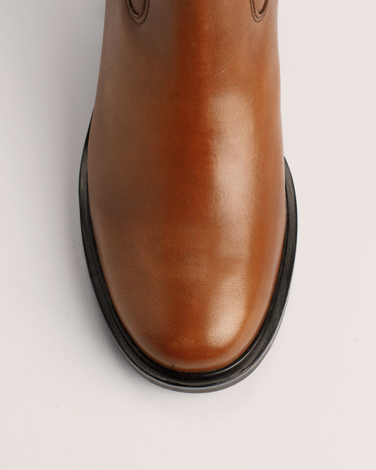 Rachel High cognac leather knee high boots with 6 cm block heel and buckle