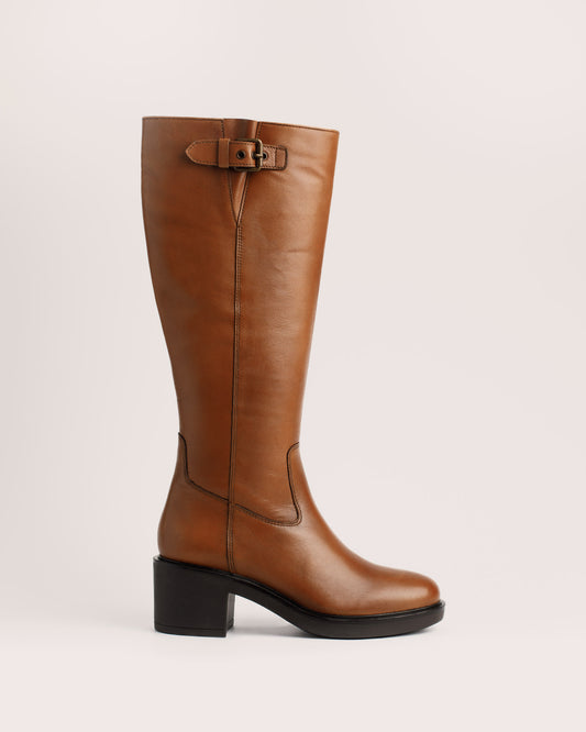 Rachel High cognac leather knee high boots with 6 cm block heel and buckle